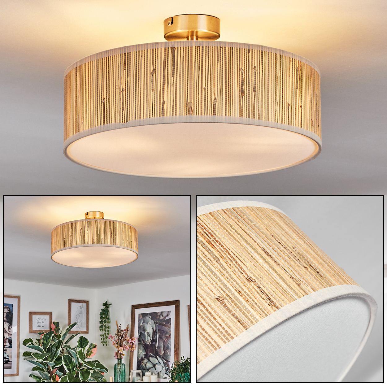 Eine Deckenleuchte mit geflochtenem Bambus-Schirm. Sie hat ein weißes Innere und goldfarbene Metalldetails. Zusätzliche Szenendetails.