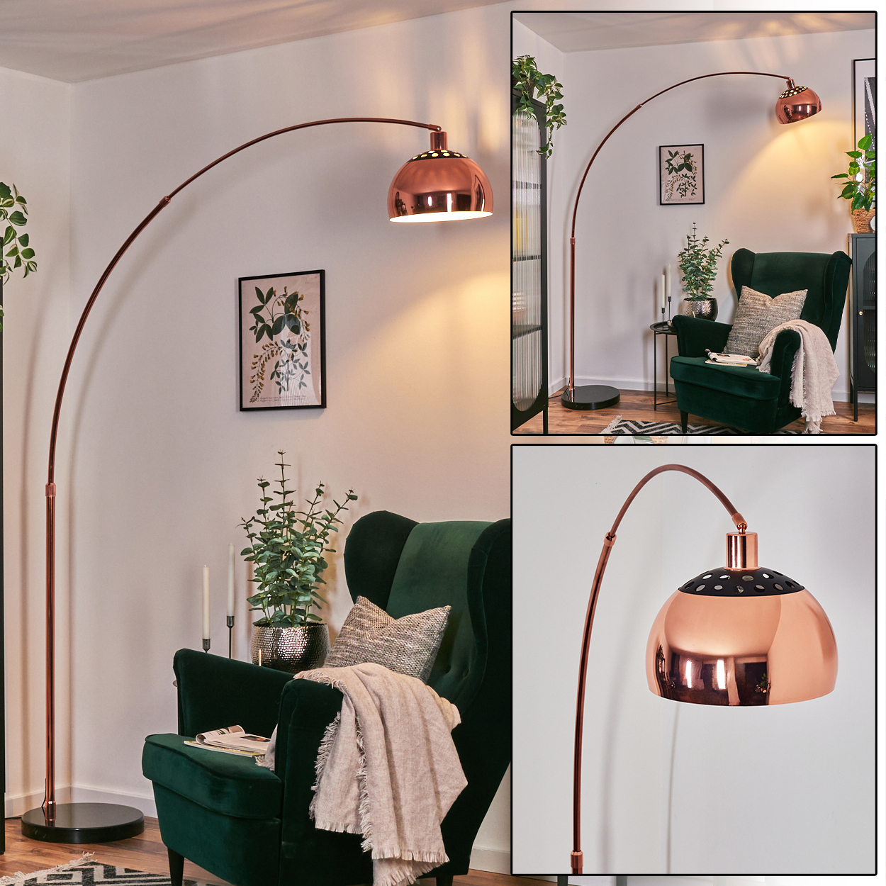 Eine kupferfarbene Bogenstehlampe beleuchtet einen grünen Sessel und einen gerahmten botanischen Druck in einem Wohnzimmer.