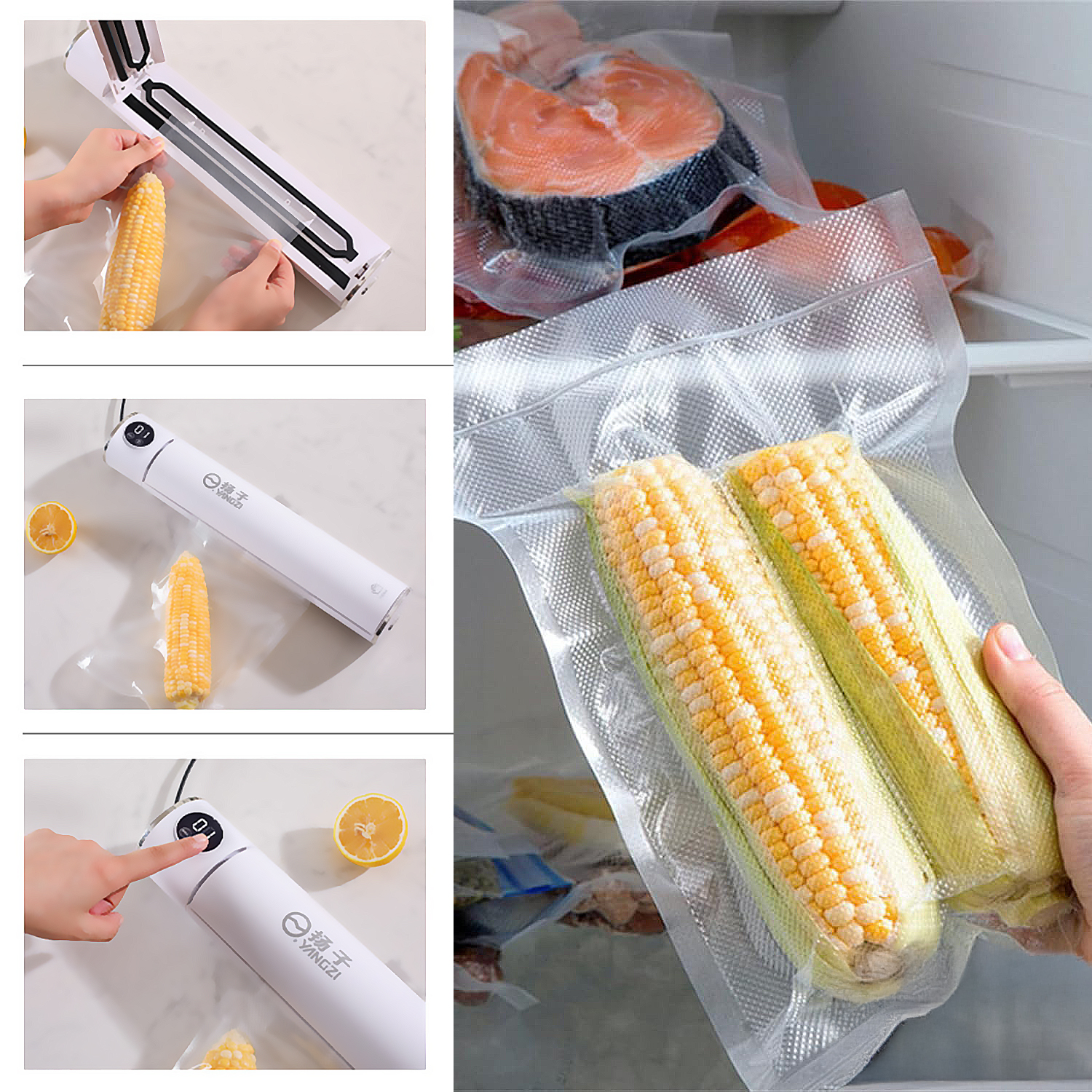 La imagen muestra el envasado al vacío de alimentos. Se están sellando maíz, pescado y limones. Manos operan la máquina de sellado.