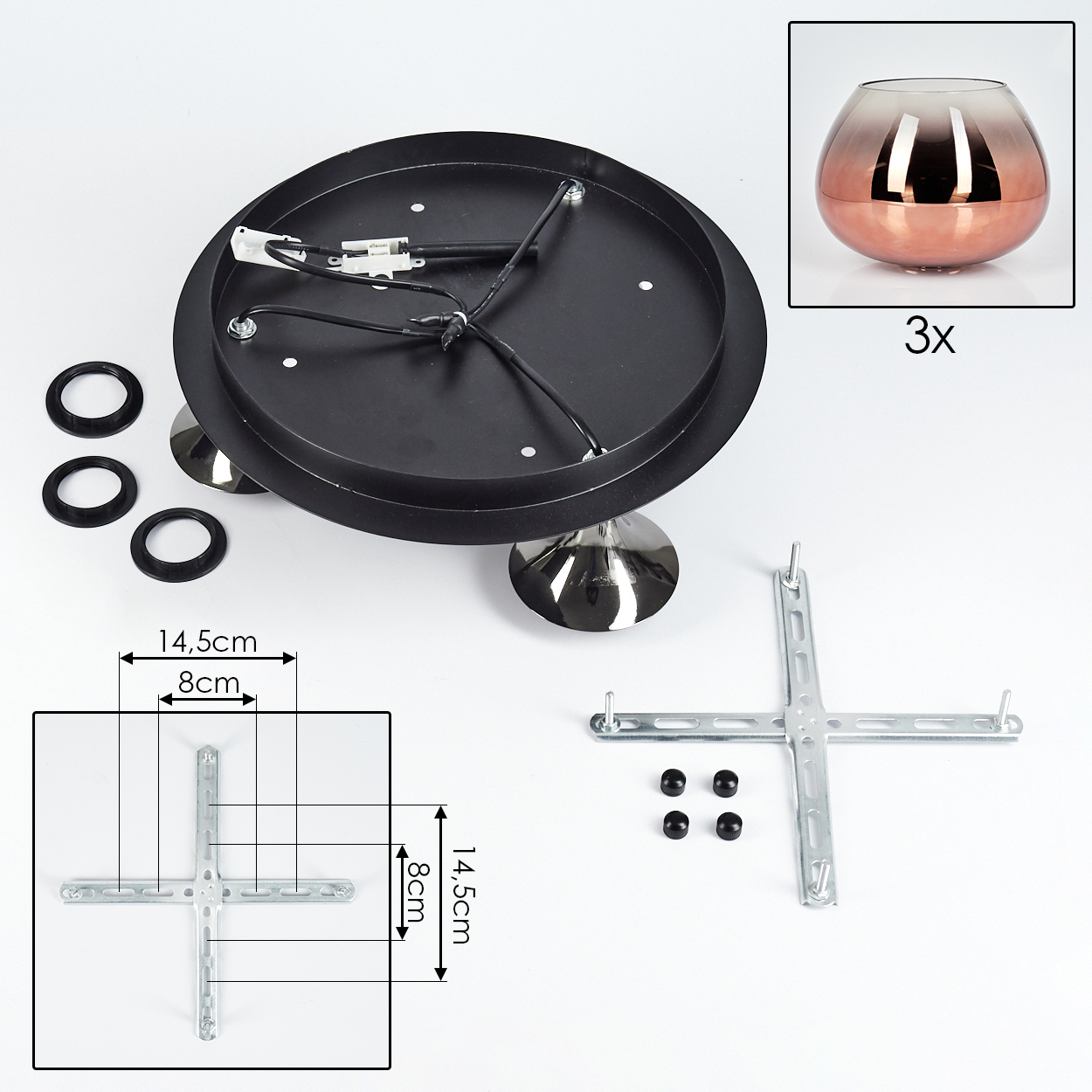 Deckenleuchte mit Komponenten. Enthält schwarze Basis, 3 Glasschirme, Befestigungsmaterial und Maße in cm.