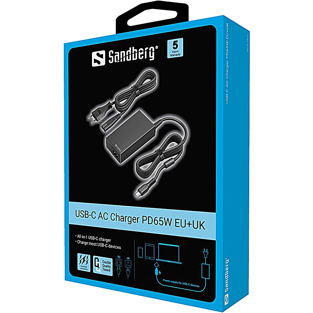 Box of Sandberg USB-C AC Charger. Black charger and cables on a black background. Blue box with text and logo.