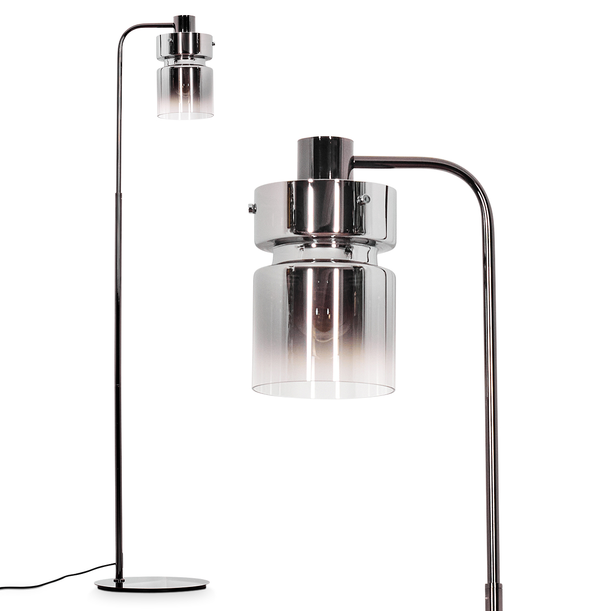 Eine moderne, verchromte Stehlampe mit zylindrischem Glasschirm mit Farbverlaufseffekt, vor weißem Hintergrund.