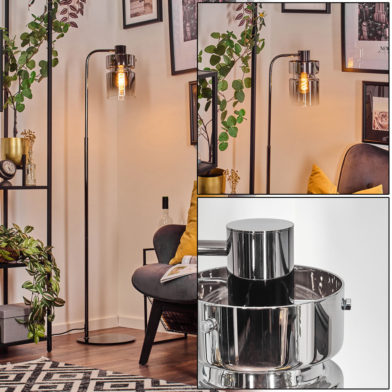 Ein modernes Wohnzimmer mit Stehlampe, Stuhl und Regal. Die Lampe hat einen Glasschirm. Grüne Pflanzen und Bilder schmücken die Wände.