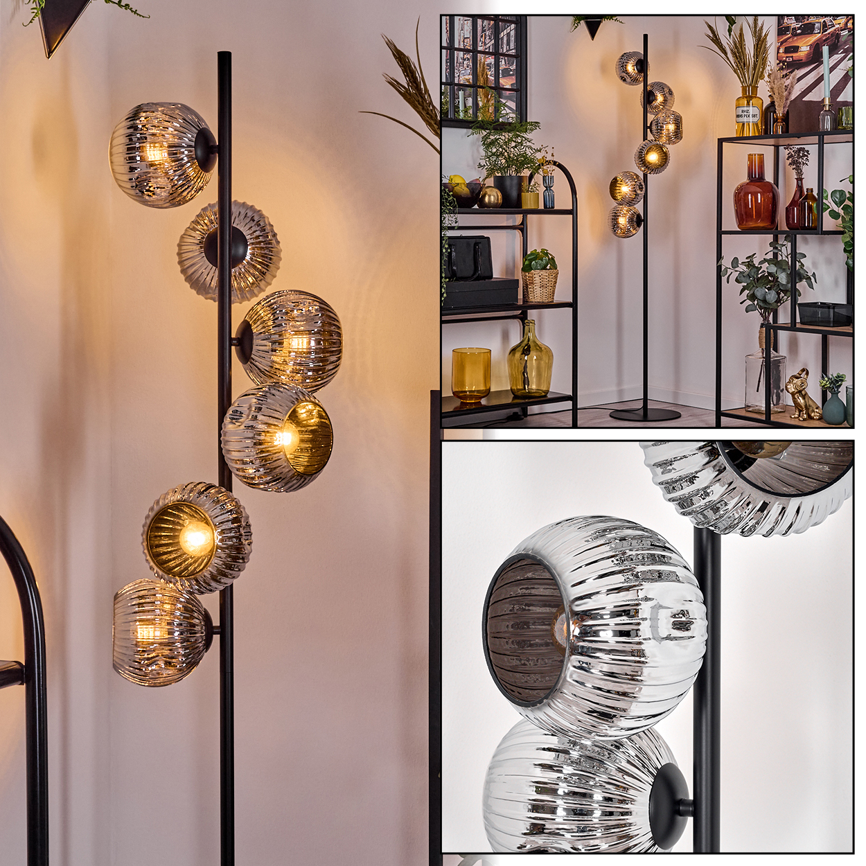 Eine moderne Stehlampe mit sechs kugelförmigen, gerippten Glasschirmen. Sie steht in einem Raum mit Regalen und Dekorationsartikeln.