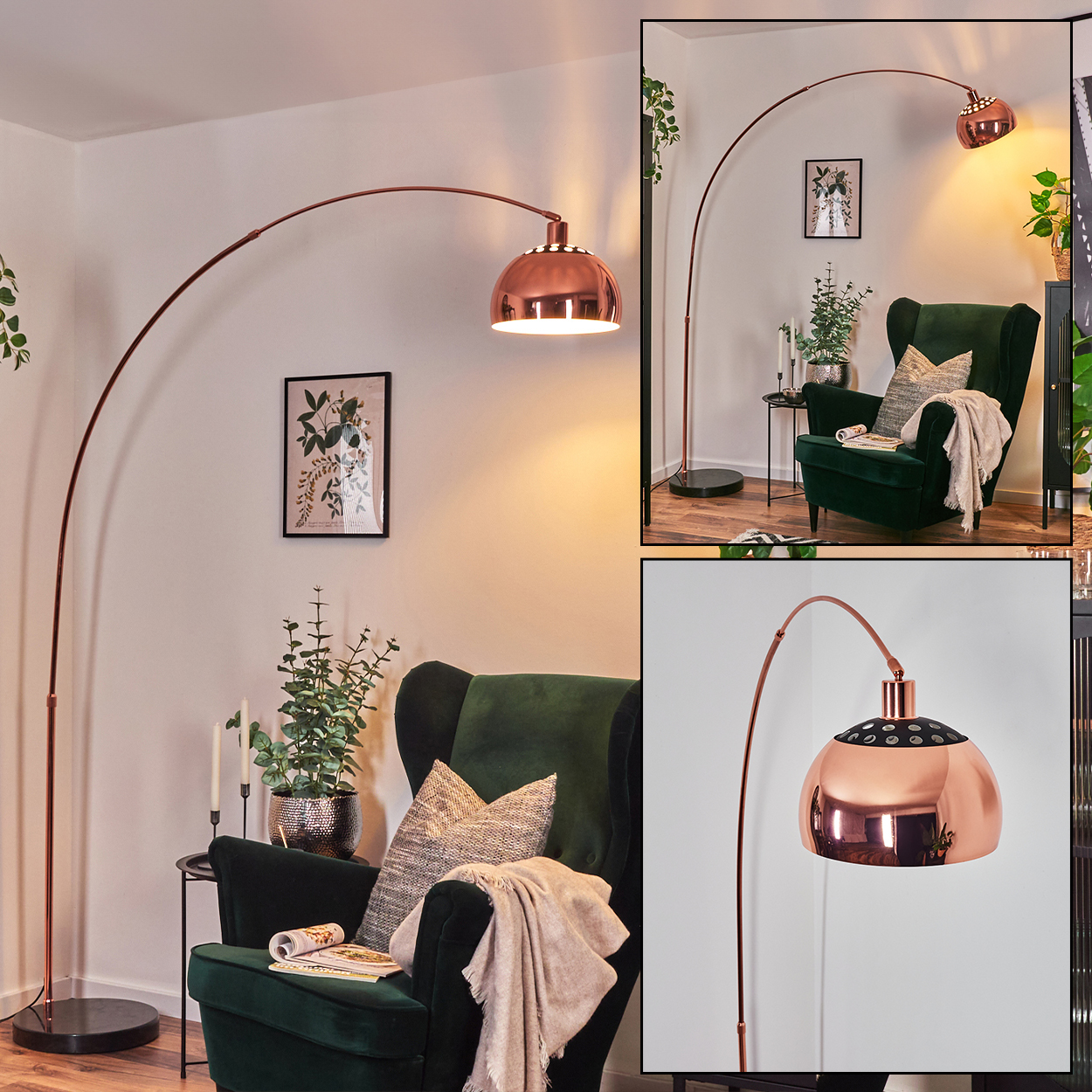 Eine kupferfarbene Bogenstehlampe beleuchtet einen grünen Samtsessel mit Decke und Kissen. Ein gerahmtes Bild hängt an der Wand.