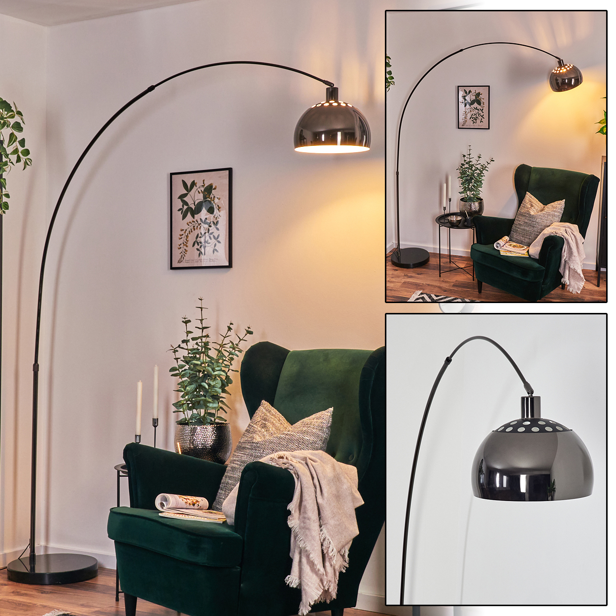 Ein modernes Wohnzimmer mit schwarzer Bogen-Stehlampe, grünem Sessel und Zierpflanzen. Eine gemütliche und stilvolle Umgebung.