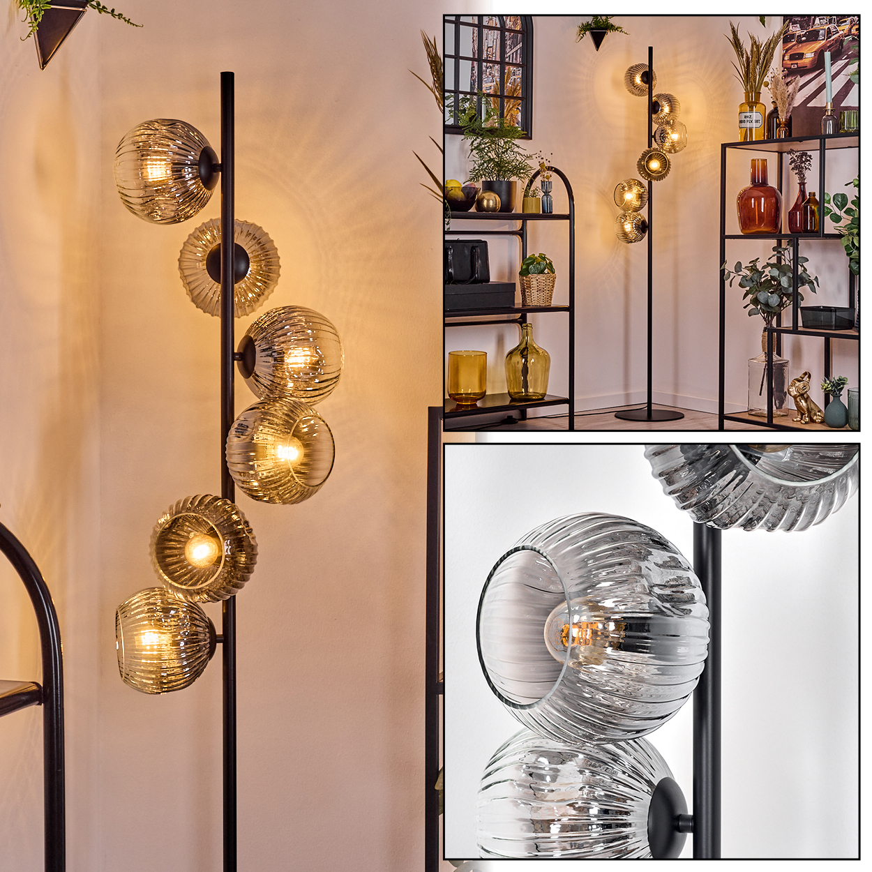 Eine moderne Stehlampe mit sechs kugelförmigen Lichtern. Die Lampe ist schwarz, mit Glasschirmen. Regale mit Dekoration sind im Hintergrund.
