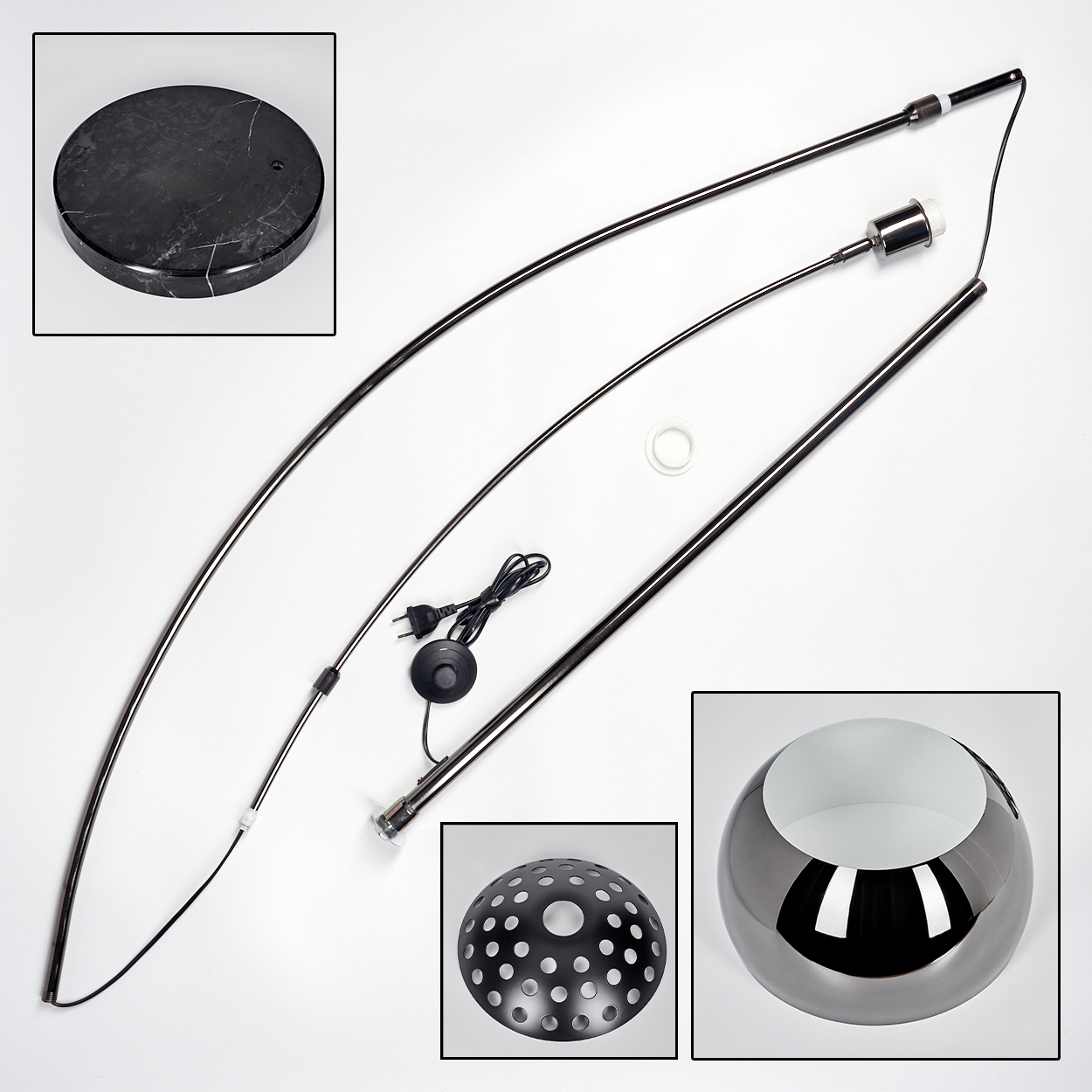Zerlegte Stehlampenkomponenten auf Weiß. Enthält einen Sockel, gebogene Metallarme, einen Schirm und eine perforierte Kuppel.