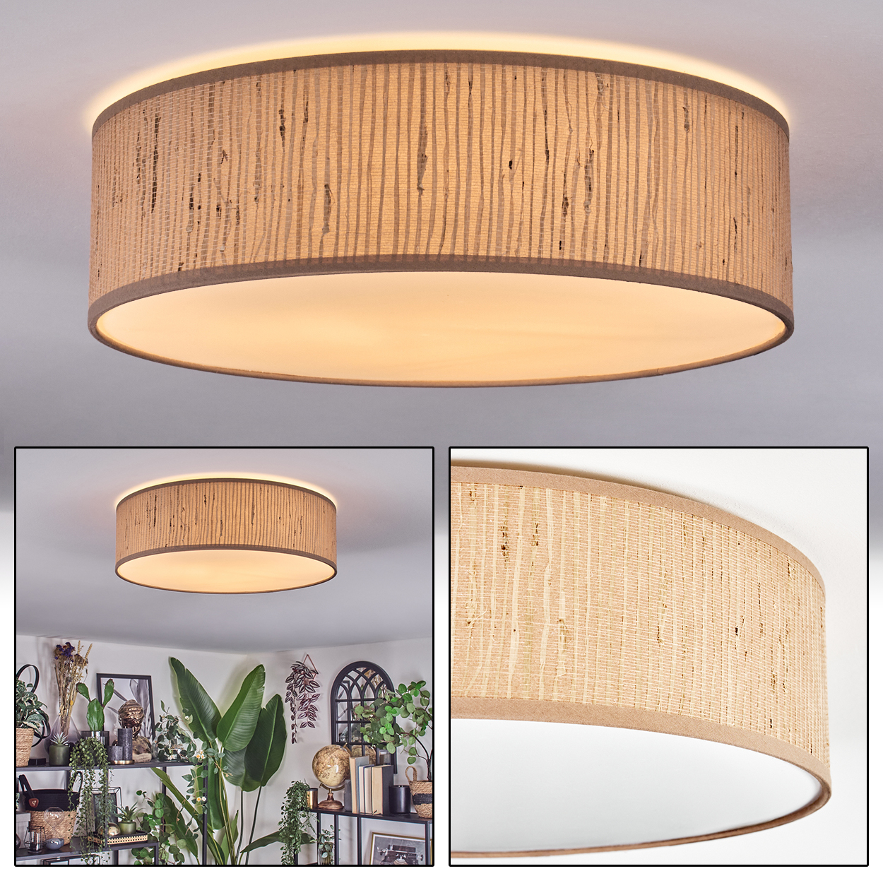 Eine beige Deckenlampe mit strukturiertem Schirm. Die Lampe ist rund, mit hellbraunem Rand. Darunter ist ein Raum mit Pflanzen.