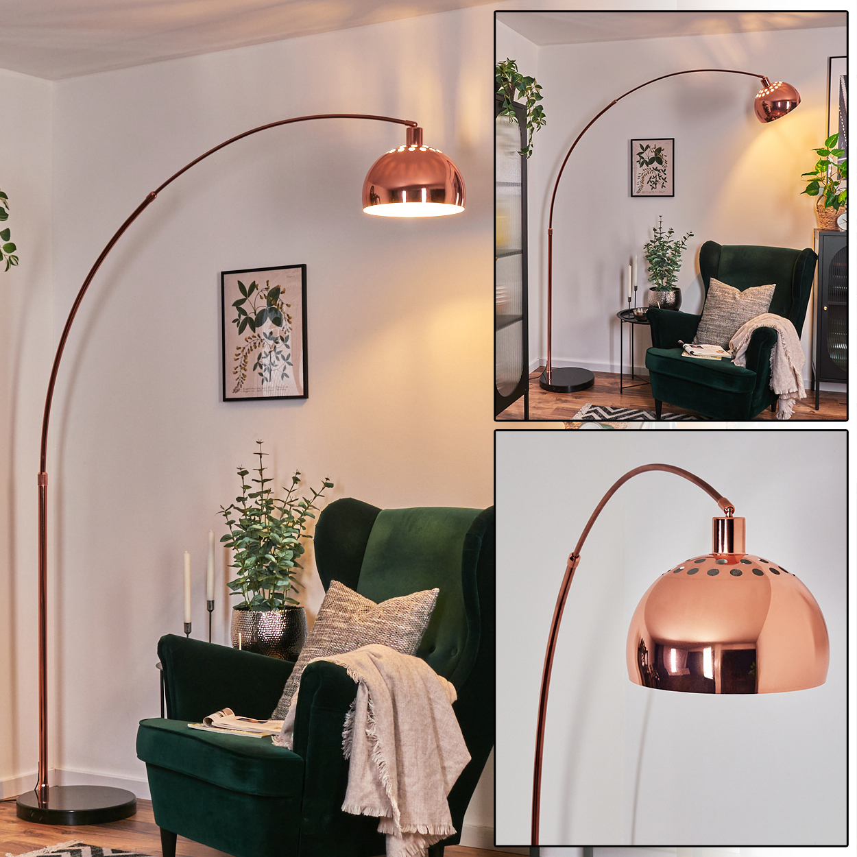 Eine kupferfarbene Bogenlampe beleuchtet einen grünen Sessel mit einer Decke. Ein Bild hängt an der Wand, und Pflanzen sind im Hintergrund.