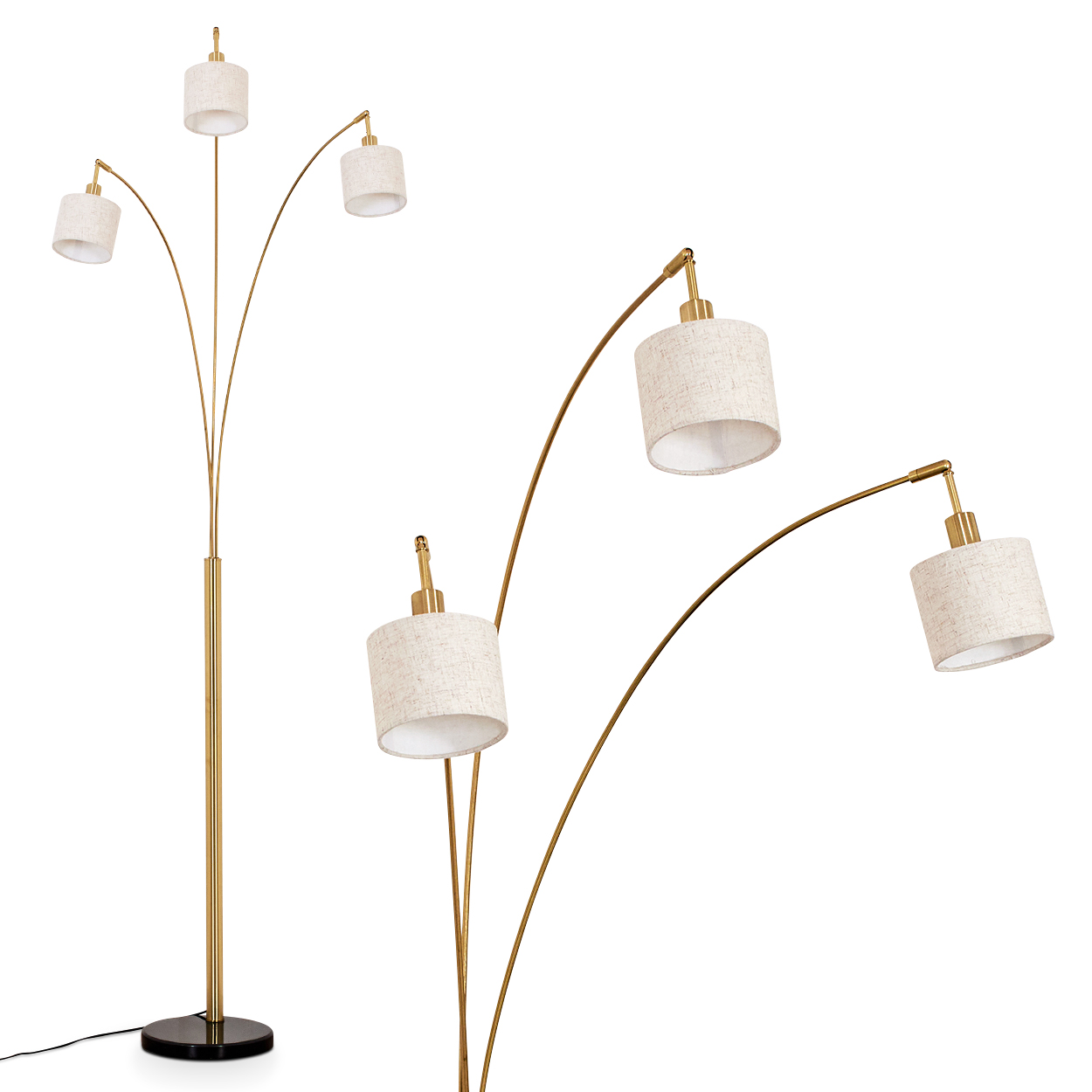Eine goldfarbene Bogen-Stehlampe mit fünf Lampenschirmen. Die Lampe hat einen schwarzen Fuß, die Schirme sind zylinderförmig.