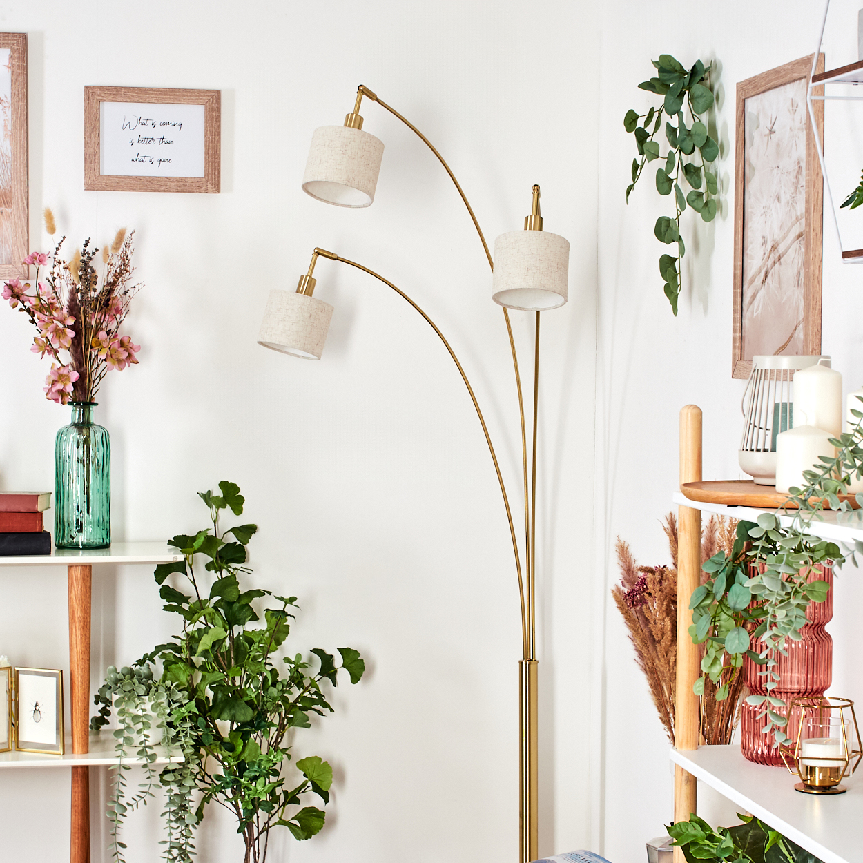 Ein Raum mit einer goldenen Stehlampe, Regalen mit Pflanzen, Vasen und gerahmter Kunst. Die Wand ist weiß. Die Szene ist gut beleuchtet.