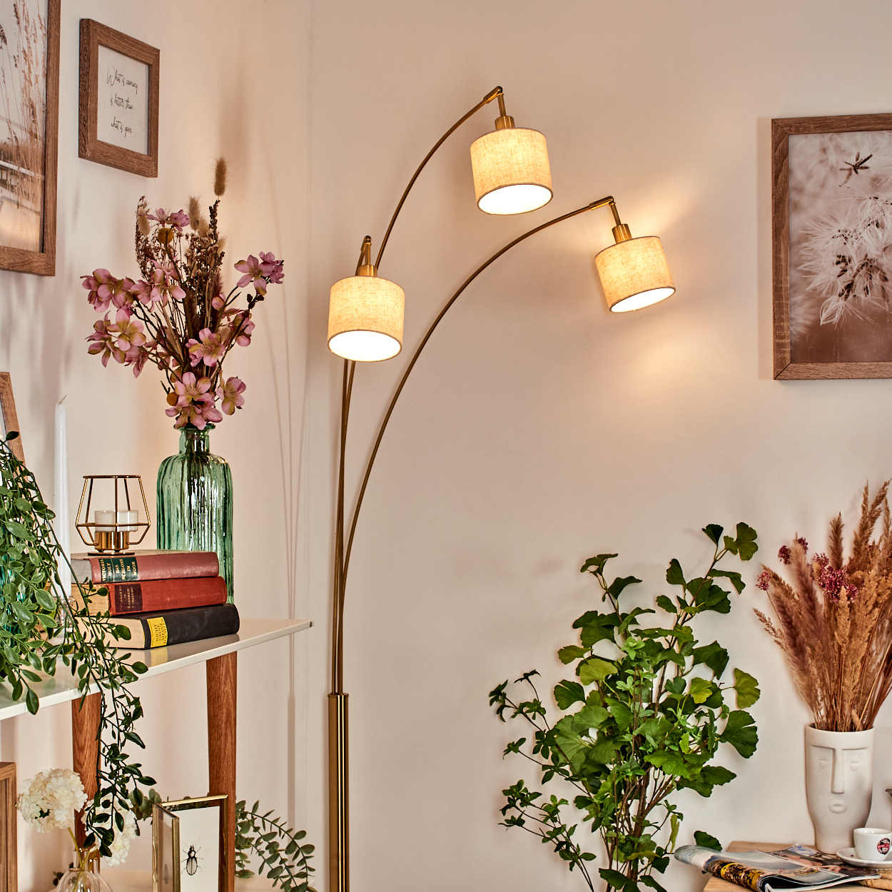 Ein Raum mit einer Stehlampe, Pflanzen, Büchern, Vasen und Bildern an der Wand. Die Lampe hat drei Lichter.