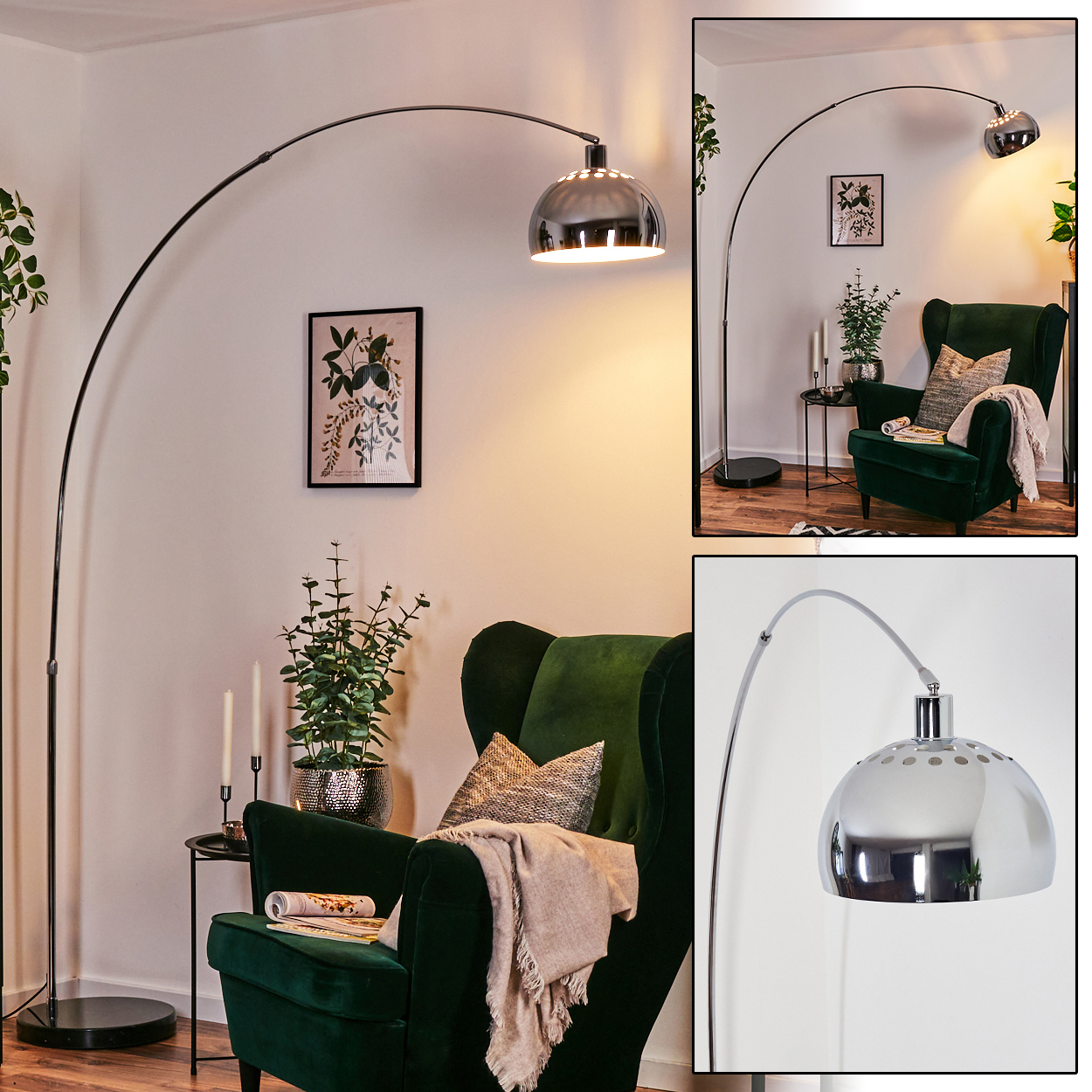 Ein modernes Wohnzimmer mit einer großen Bogenlampe, einem grünen Sessel und einem botanischen Kunstdruck an einer weißen Wand.