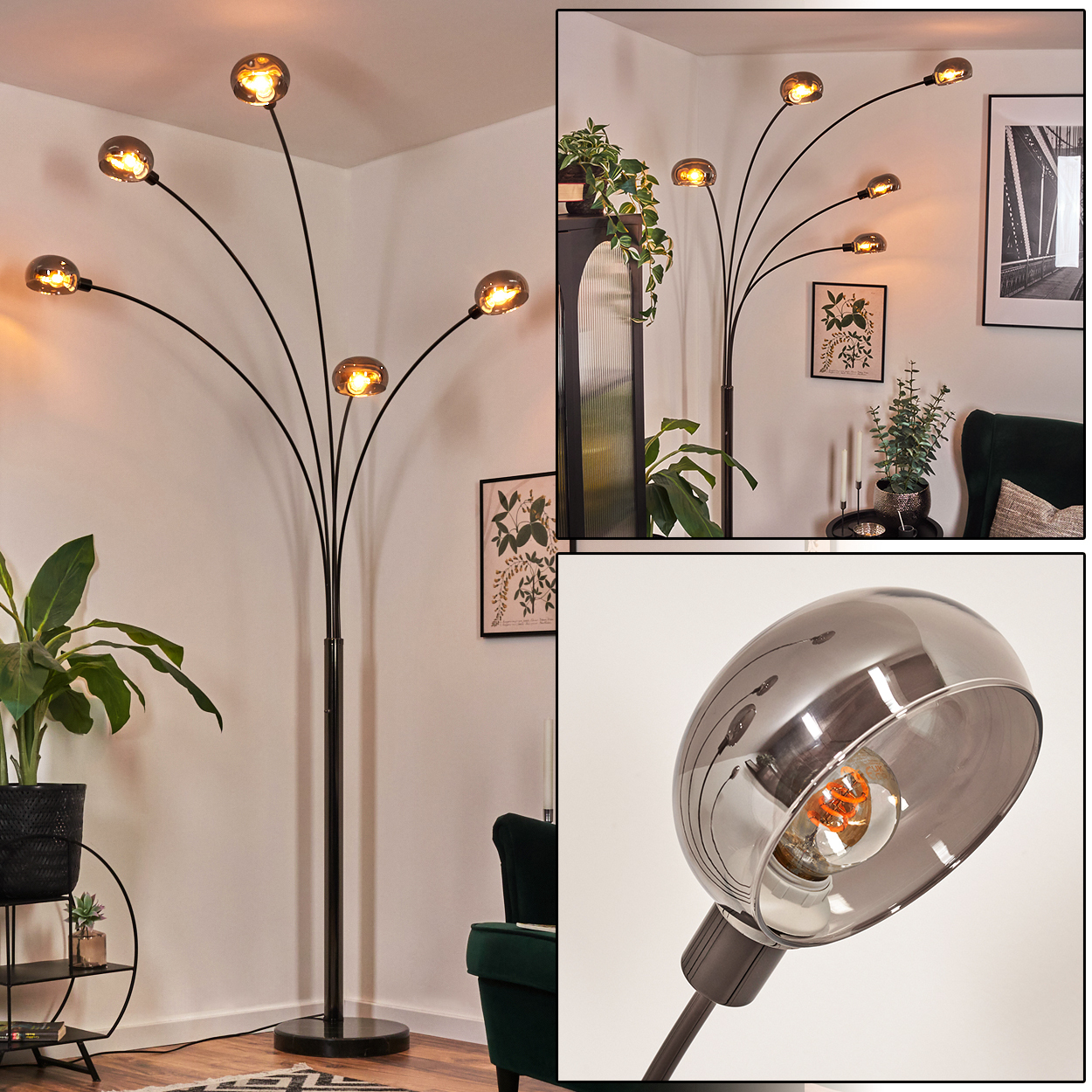 Eine moderne Stehlampe mit mehreren gebogenen Armen, die jeweils ein rundes bernsteinfarbenes Licht halten. Die Lampe steht in einem Raum mit Pflanzen und Kunst.