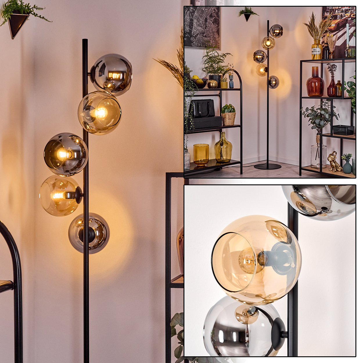 Eine moderne Stehlampe mit fünf kugelförmigen Glasschirmen, abwechselnd bernsteinfarben und verspiegeltem Chrom. Vor dem Hintergrund von Regalen und Dekor.