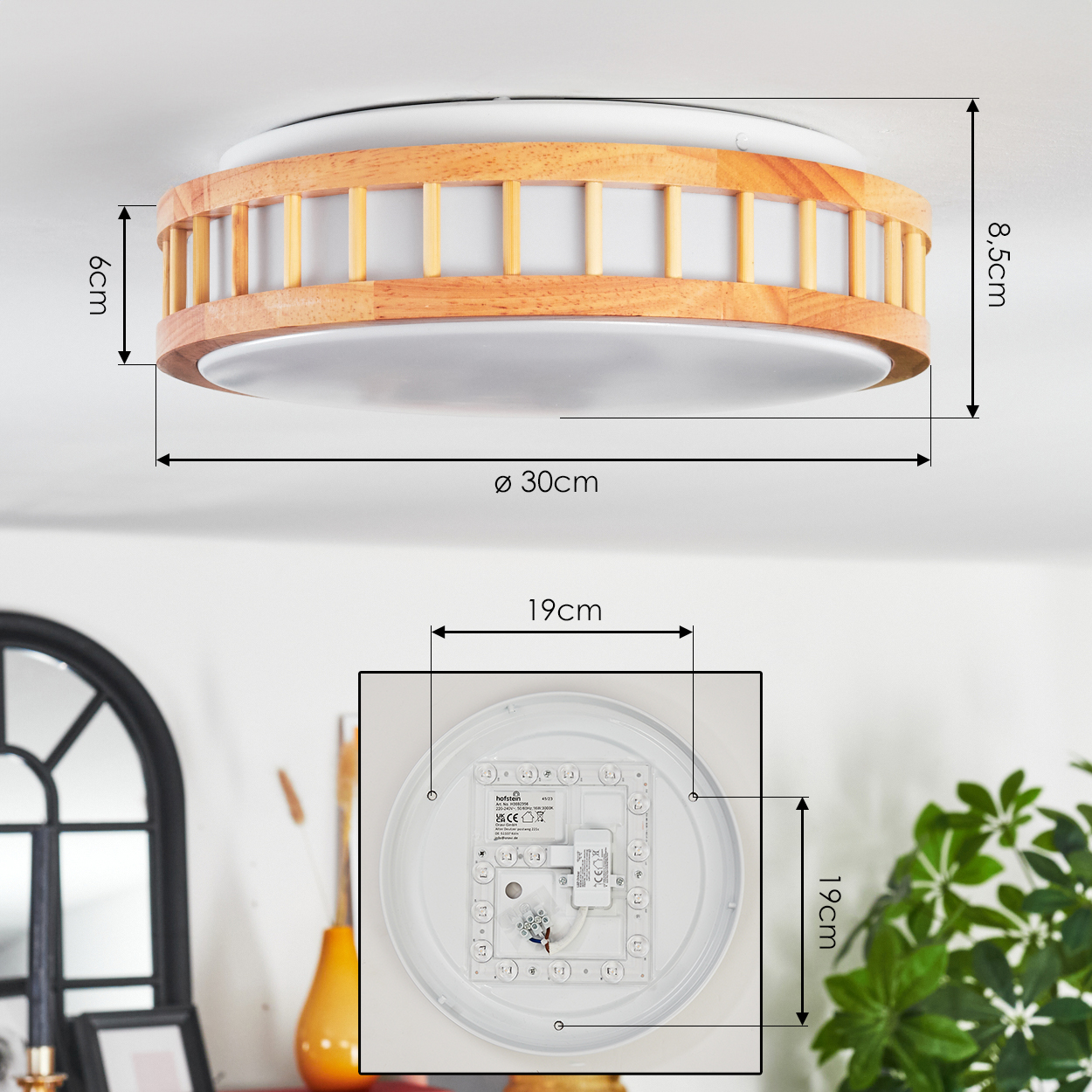 Eine Deckenleuchte mit Holzakzenten. Abmessungen sind angegeben: 30 cm Durchmesser, 8,5 cm Höhe. Der interne Schaltkreis ist ebenfalls sichtbar.
