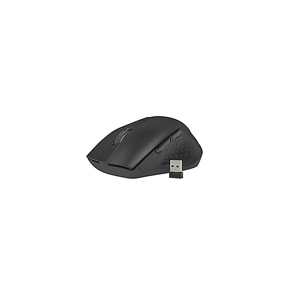 Un mouse per computer wireless nero con rotella di scorrimento e ricevitore USB su sfondo bianco.