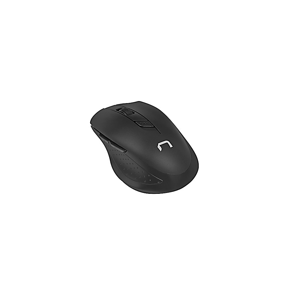 Un mouse nero per computer con rotella e logo su sfondo bianco.