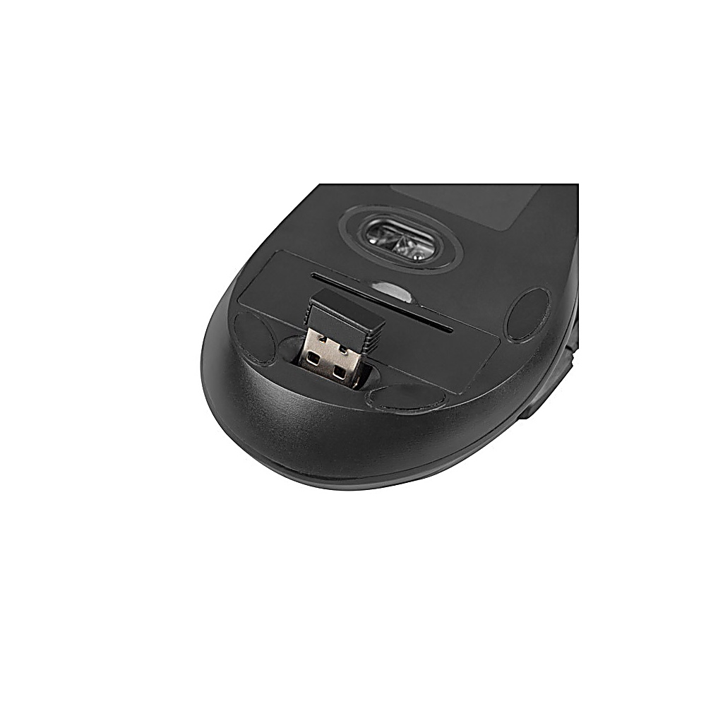 Il lato inferiore di un mouse per computer nero. È inserito un ricevitore USB. Il mouse ha un sensore e due cuscinetti rotondi.
