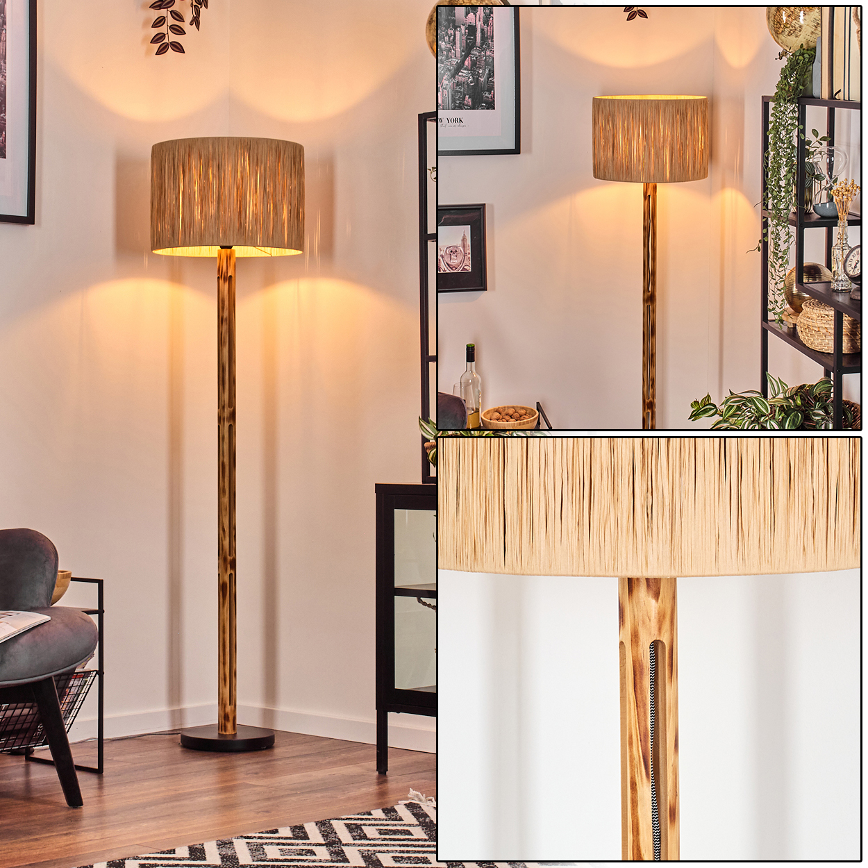 Eine Stehlampe mit beigem Lampenschirm und Holzständer. Der Raum hat einen Teppich, einen Stuhl und einen Schrank. Hintergrunddeko.