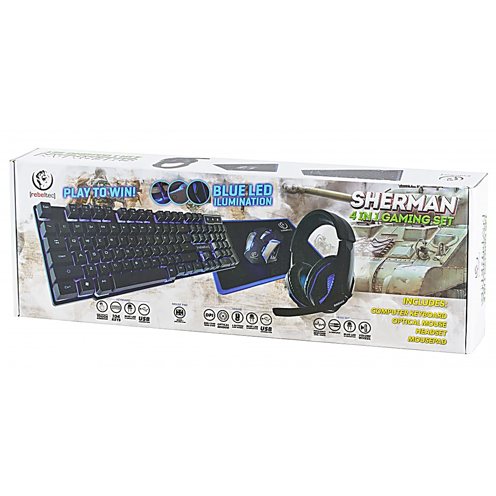 Zestaw gamingowy Sherman 4 w 1 w pudełku. Zawiera klawiaturę, mysz, zestaw słuchawkowy i podkładkę pod mysz. Pudełko zawiera zdjęcia produktów i czołgu.
