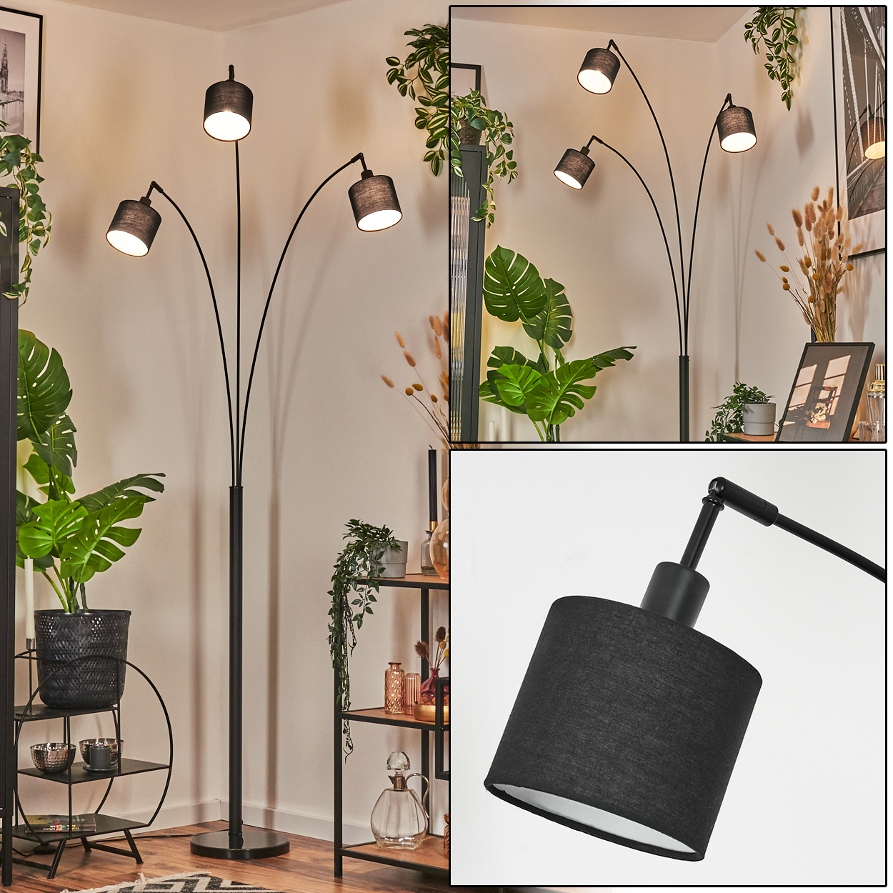 Eine schwarze Stehlampe mit fünf Lichtern. Pflanzen und Regale befinden sich im Hintergrund, mit einem gerahmten Bild. Die Lampenschirme sind schwarz.
