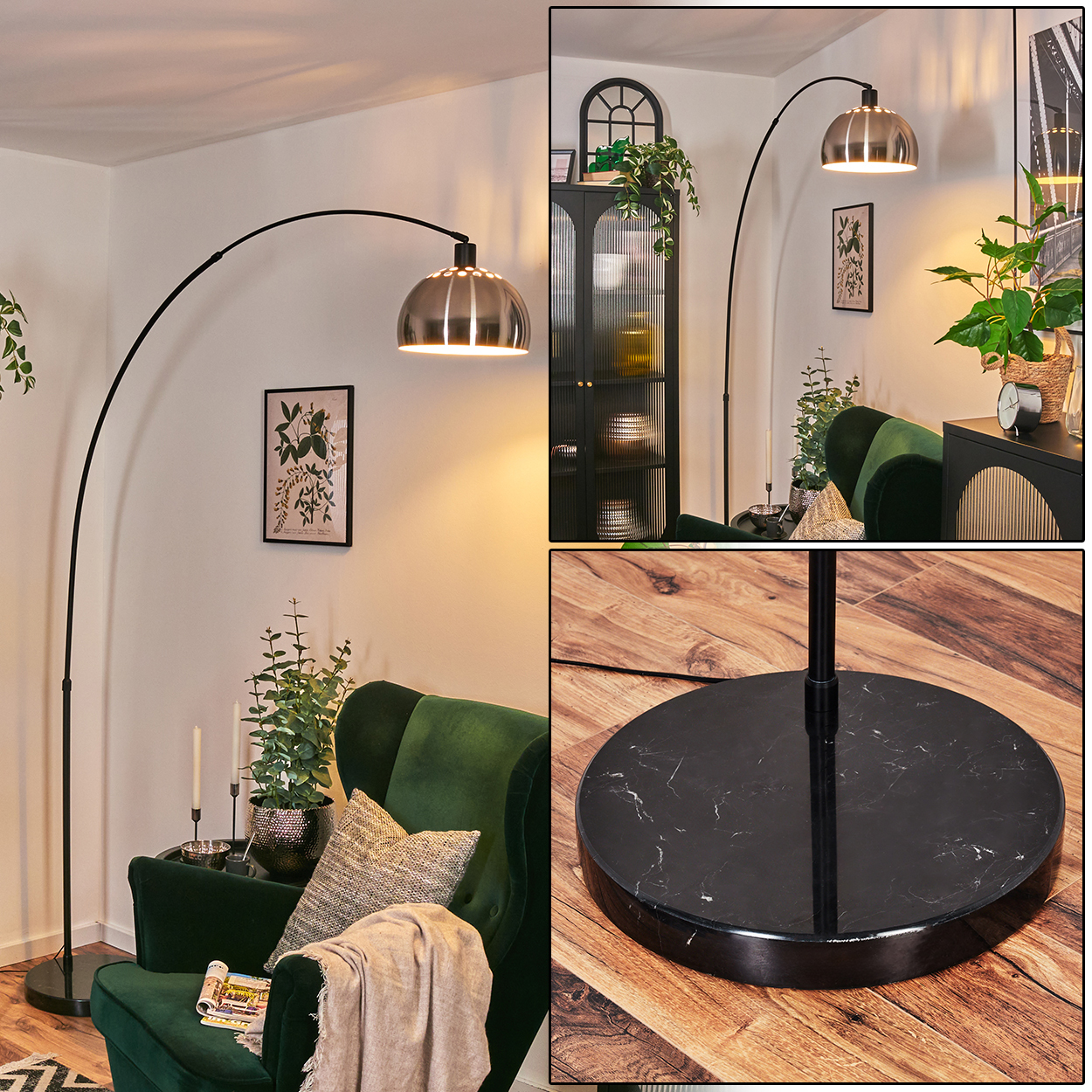Ein modernes Wohnzimmer mit grünem Sessel, Stehlampe und Schrank. Pflanzen und Zierkissen ergänzen die Einrichtung.