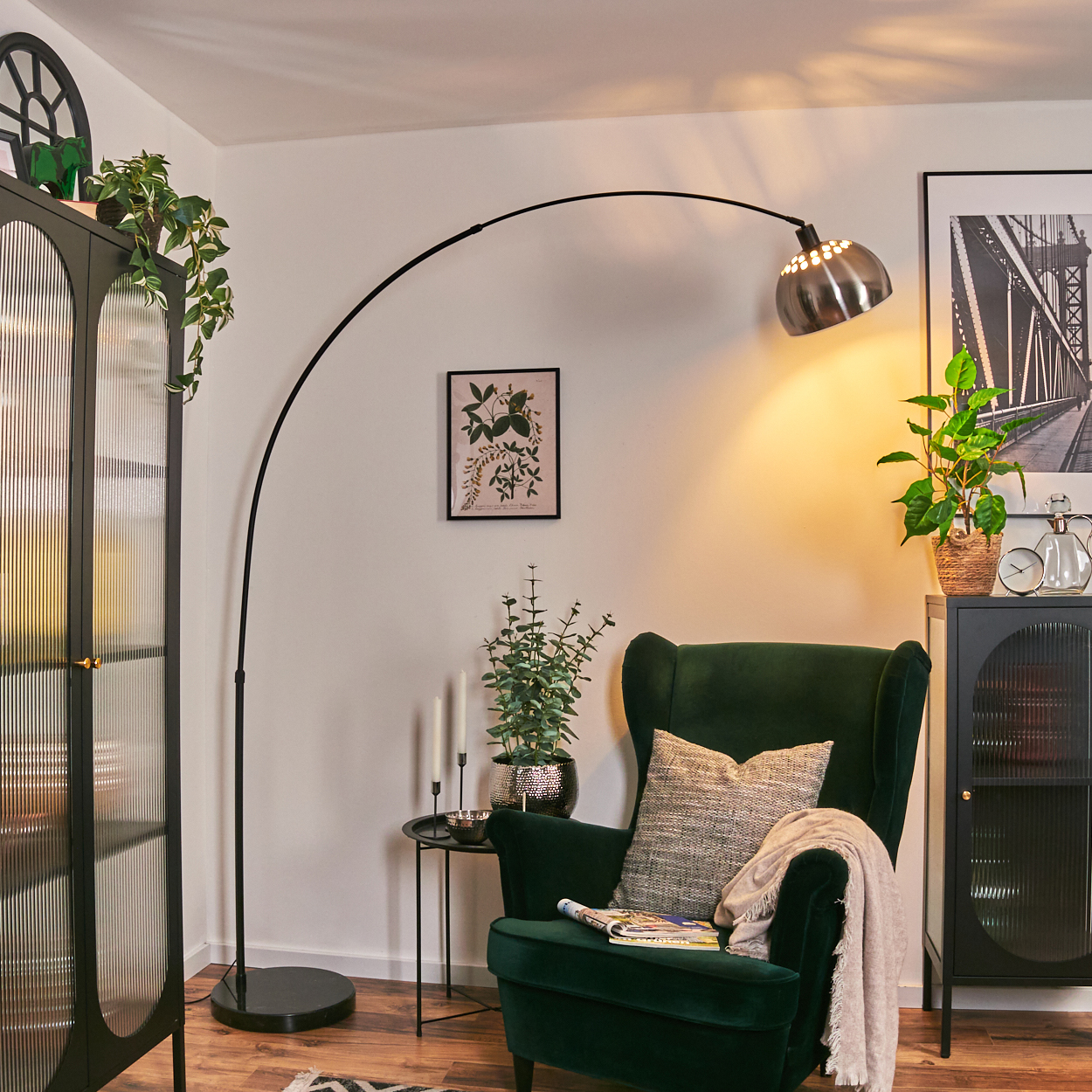 Ein grüner Sessel mit Kissen und Decke, eine schwarze Lampe, ein Schrank mit Pflanzen und ein Bild an der Wand.