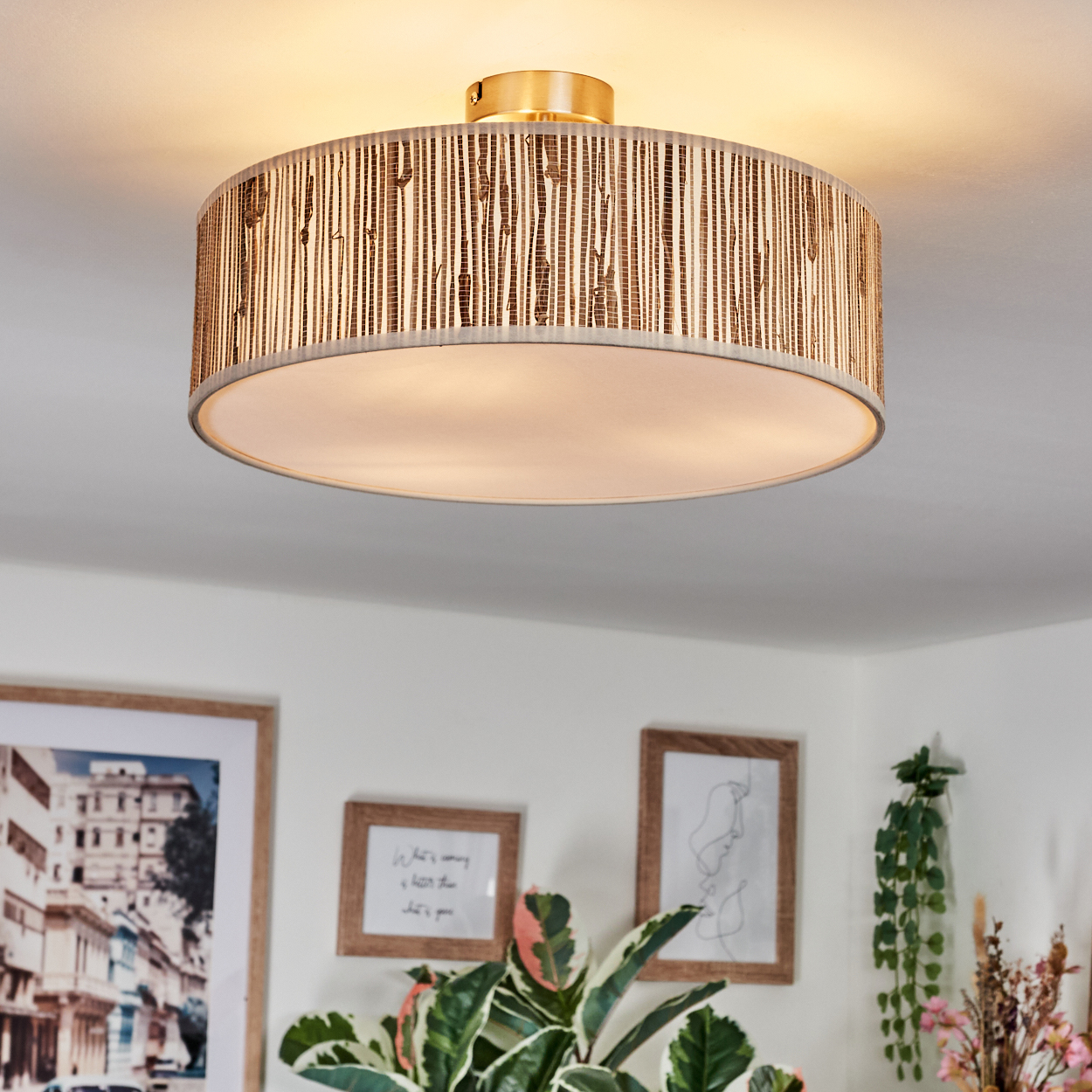 Eine Deckenlampe mit gemustertem Schirm ist installiert. Darunter schmücken gerahmte Kunst und Pflanzen den Raum. Warmes Licht geht aus.
