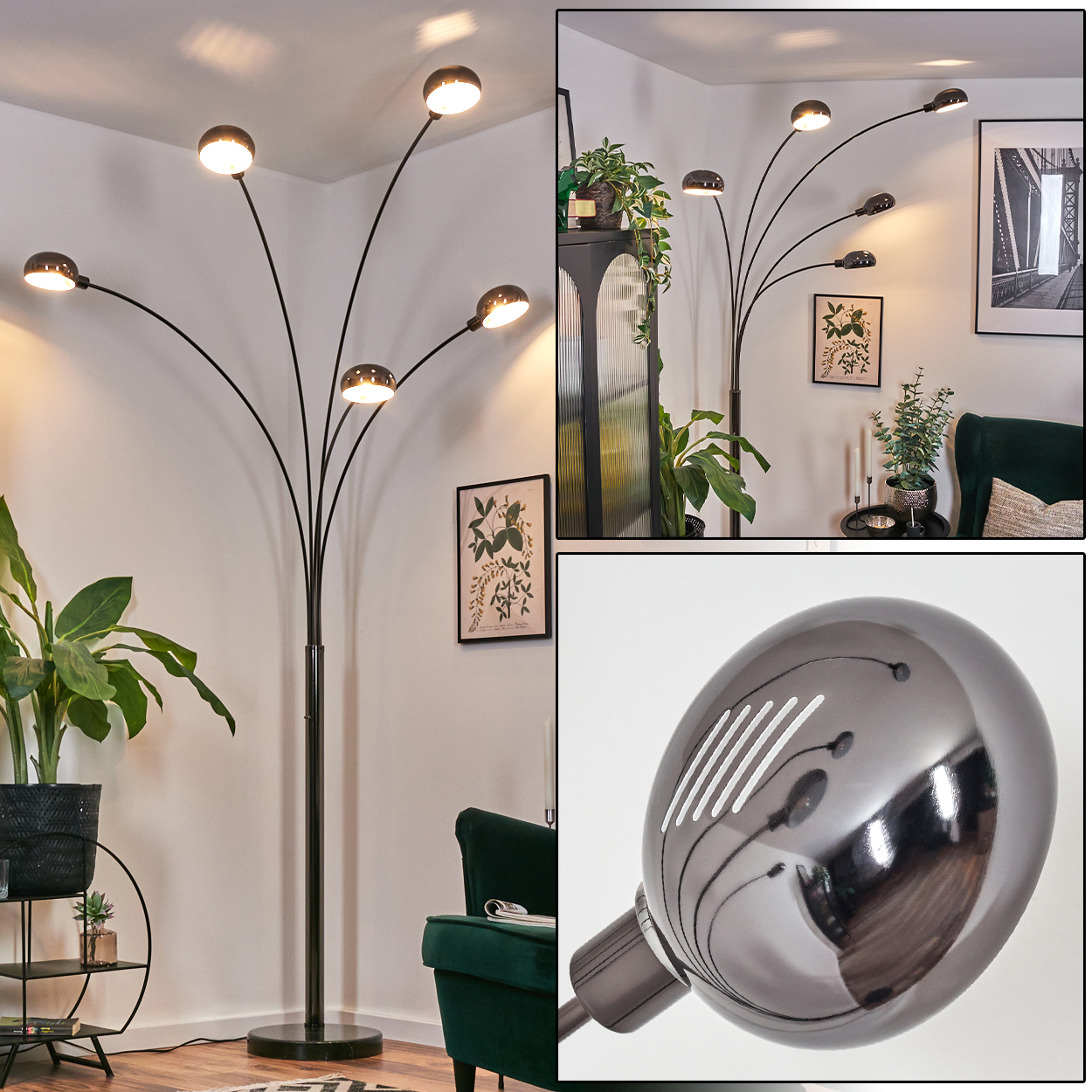 Eine moderne Stehlampe mit sechs Lichtern. Der Raum hat auch Pflanzen, einen grünen Sessel und gerahmte Kunstwerke.