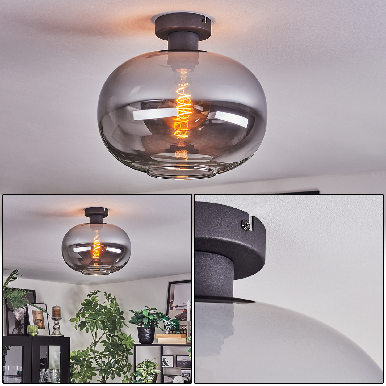 Eine moderne Deckenleuchte mit Rauchglasschirm und sichtbarer, warmtoniger Glühbirne. Die Leuchte ist auf einem dunklen Metallsockel montiert.