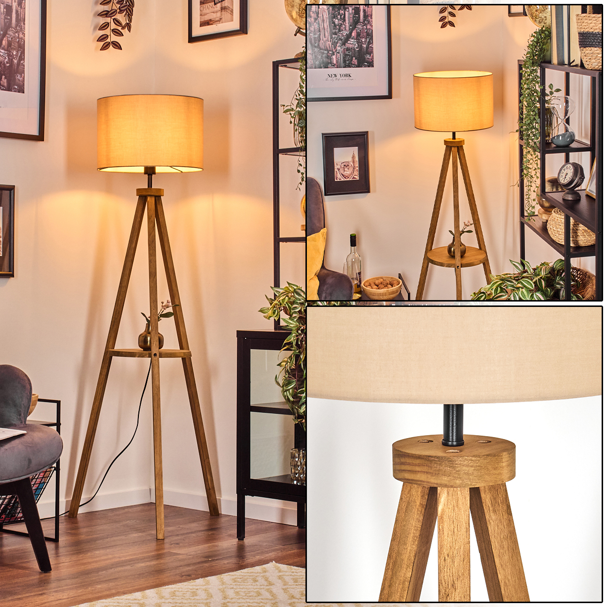 Eine hölzerne Stativ-Stehlampe mit beigem Lampenschirm. Im Hintergrund sind Regale, Bilder und Pflanzen.
