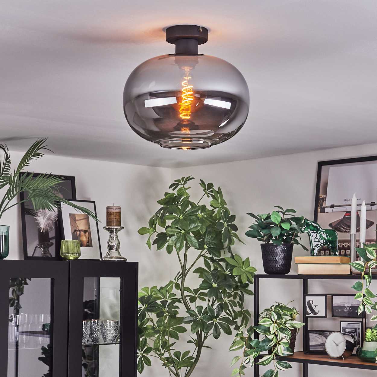 Ein modernes Zimmer mit einer grauen Glasdeckenlampe. Pflanzen, Kerzen und gerahmte Bilder sind ausgestellt. Links befindet sich ein schwarzer Schrank.