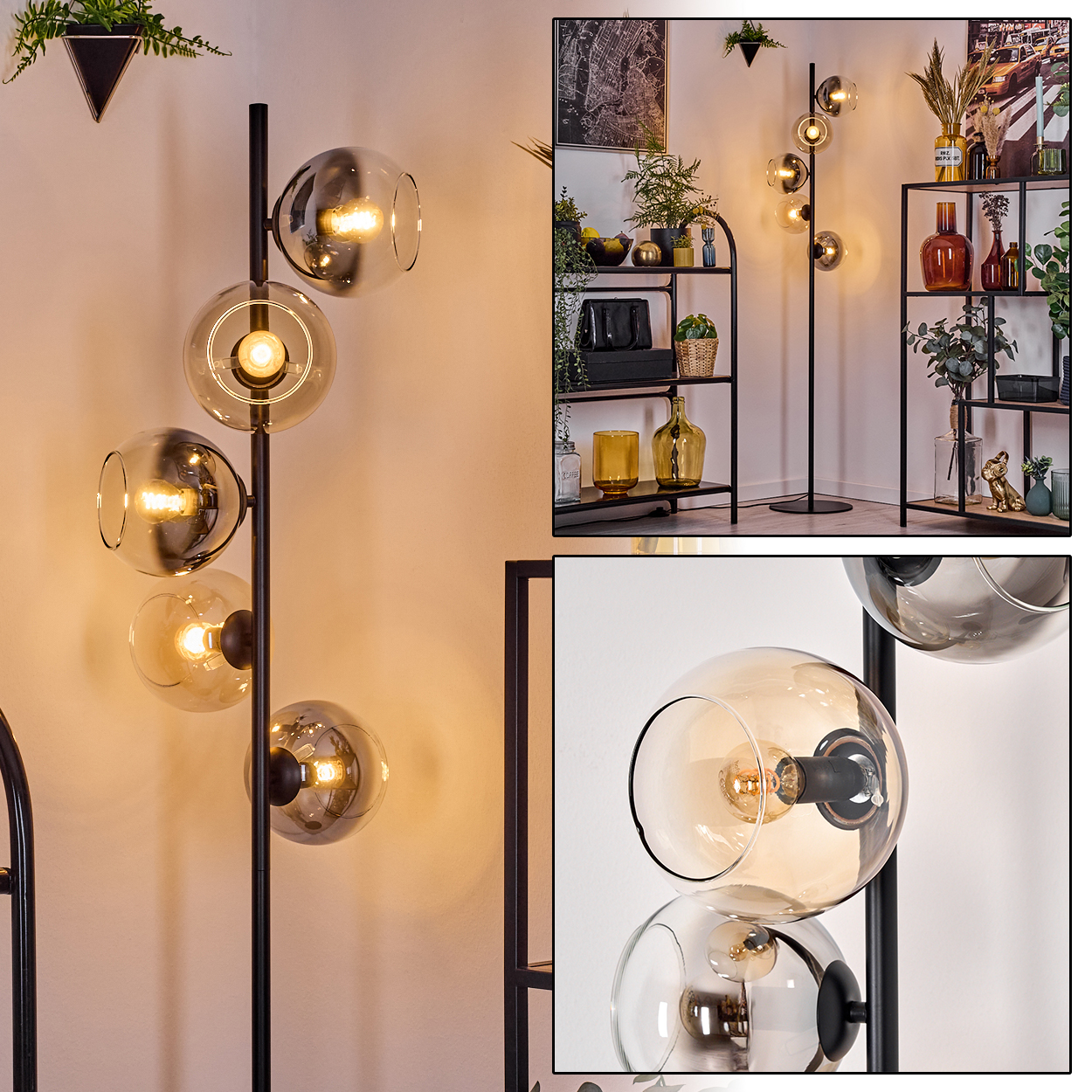 Eine moderne Stehlampe mit fünf Glaskugeln. Im Hintergrund Regale mit Dekoration. Die Lampe ist schwarz.