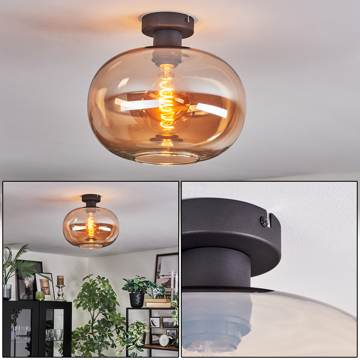 Eine moderne Deckenlampe mit braunem Sockel und rundem, bernsteinfarbenem Glasschirm. Sichtbare Glühbirne im Inneren. Im Hintergrund ein Wohnzimmer.