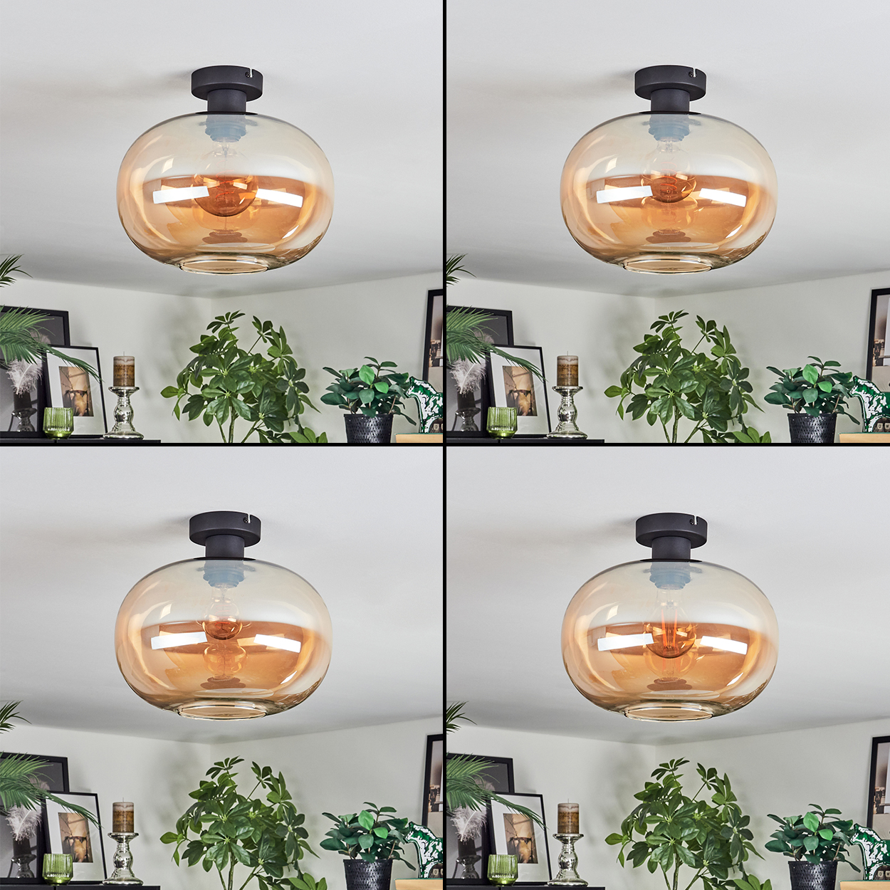 Gezeigt werden vier Deckenlampen mit bernsteinfarbenen Glasschirmen. Darunter befinden sich Pflanzen, Bilder und Kerzen auf einem Regal in einer Zimmerecke.