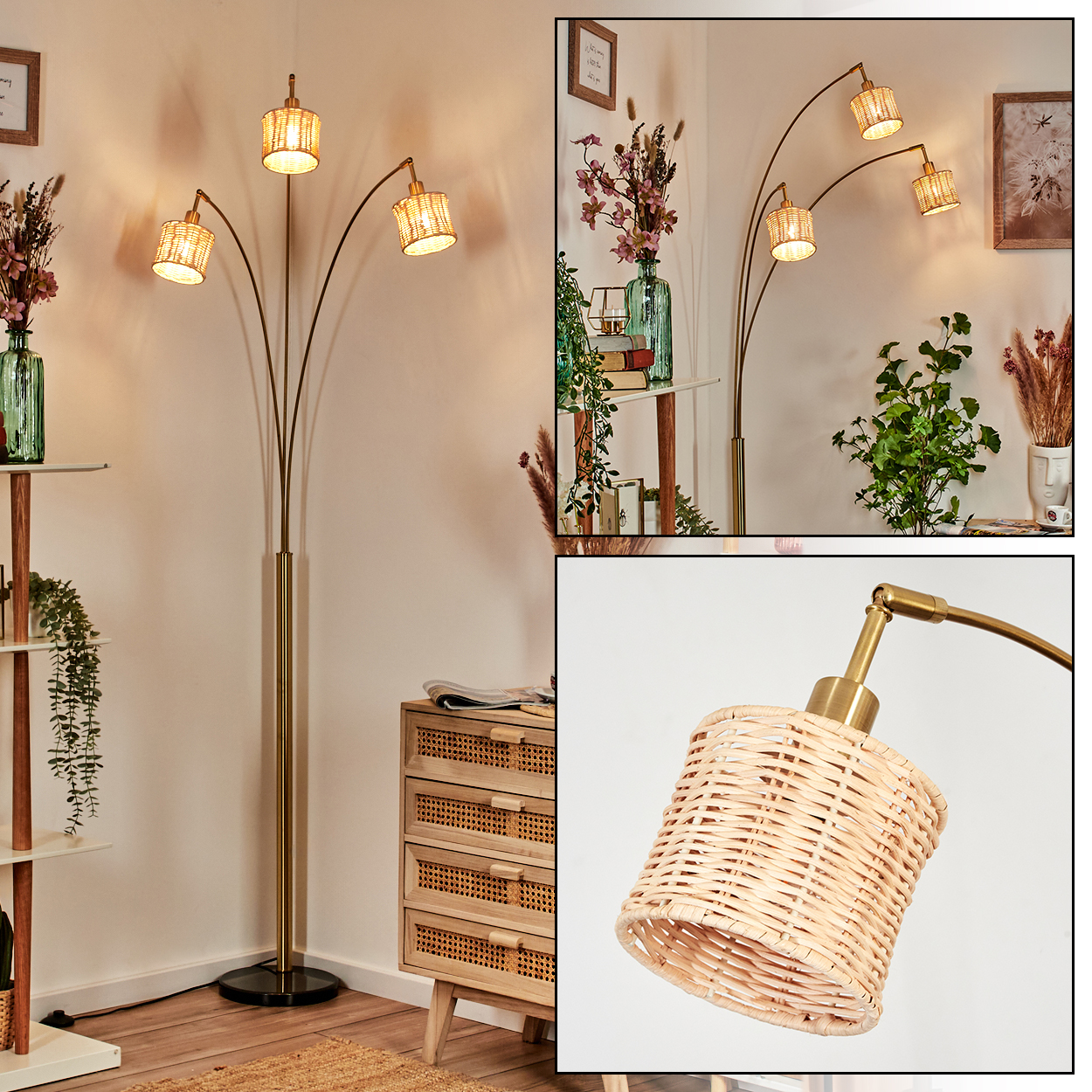 Eine Stehlampe mit fünf gewebten Lampenschirmen. Der Raum hat einen Holzschrank, Pflanzen und Dekorationen. Die Lampe ist golden.