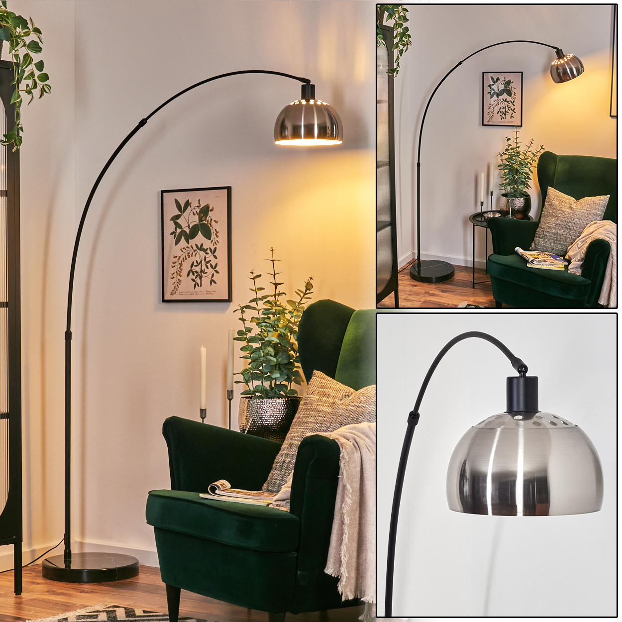 Ein modernes Wohnzimmer mit einem grünen Sessel, einer hohen schwarzen Bogenlampe und einem botanischen Druck an der Wand. Ein silberner Lampenschirm ist beleuchtet.