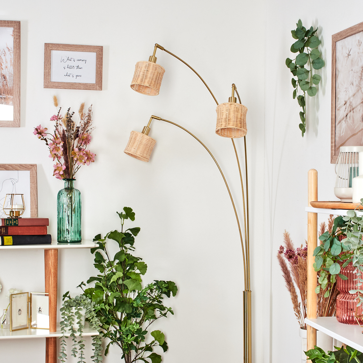 Ein Raum mit einer Stehlampe, Regalen mit Pflanzen, Rahmen und einer Vase mit Blumen. Beige und grüne Farben dominieren die Szene.