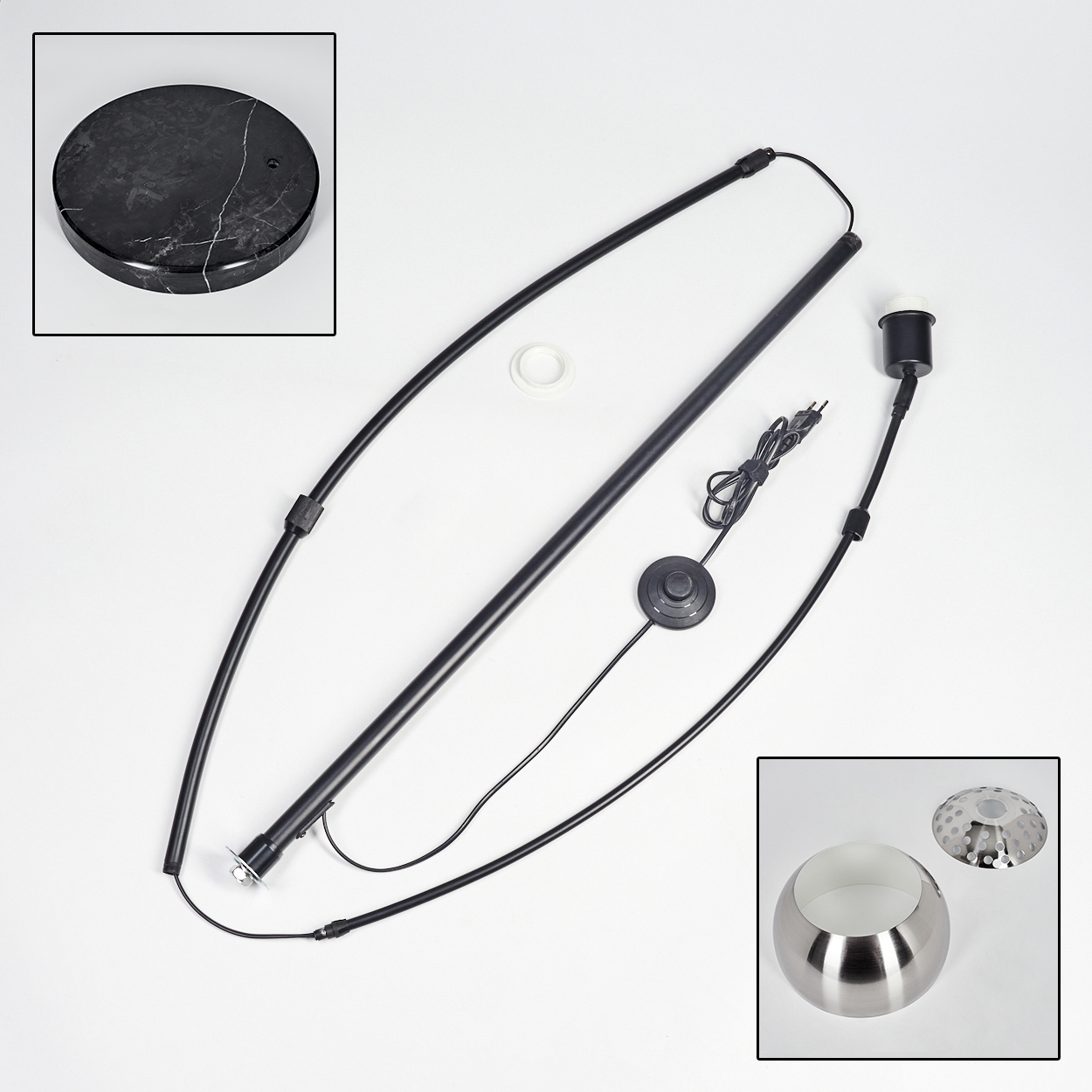 Zerlegte moderne Lampe. Teile umfassen einen Marmorsockel, eine schwarze Stange, Lampenschirmkomponenten und Kabel auf weißem Hintergrund.