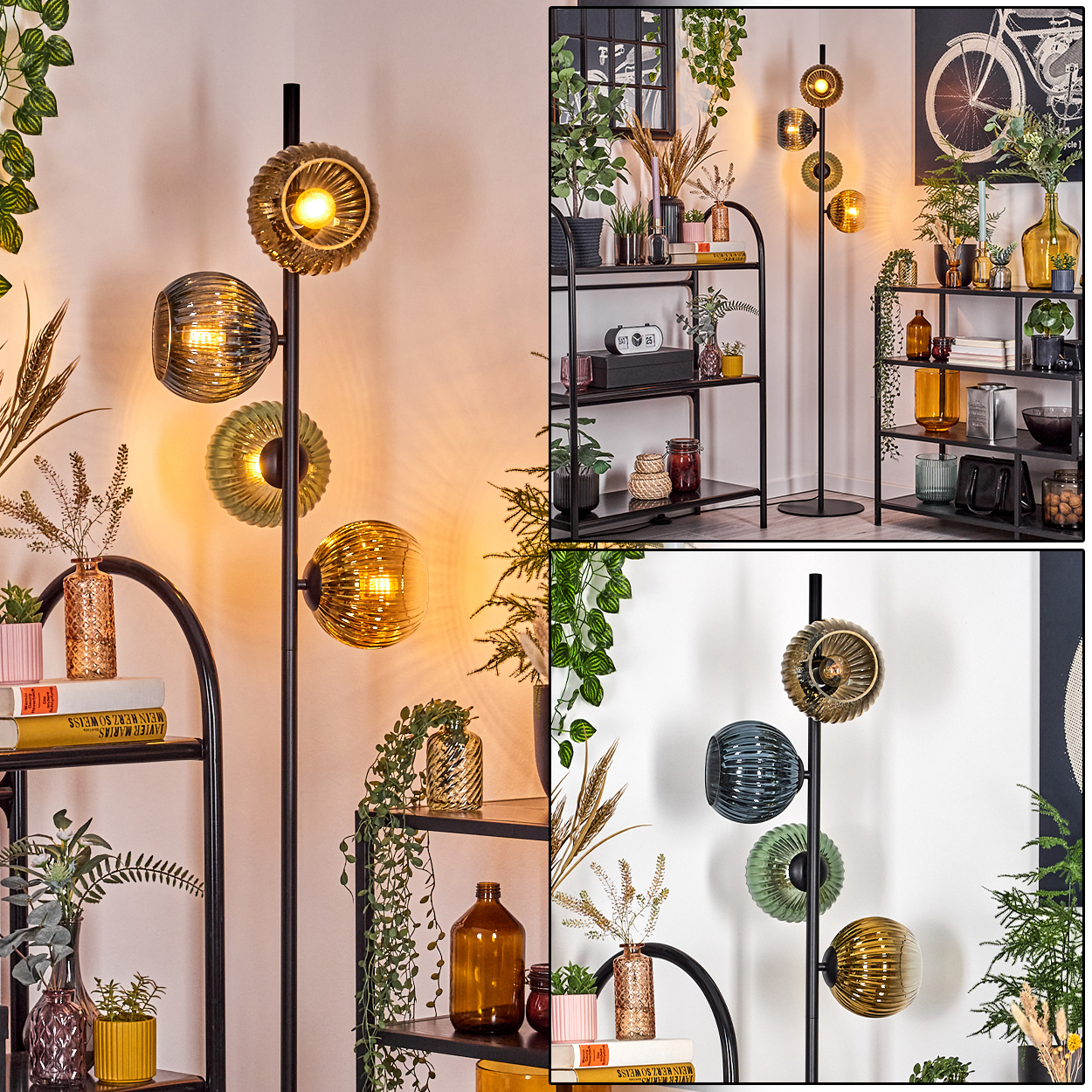 Dekorative Stehlampe mit Kugelschirmen. Regale mit Vasen und Pflanzen sind sichtbar. Der Hintergrund ist eine weiße Wand mit einem Fahrraddruck.