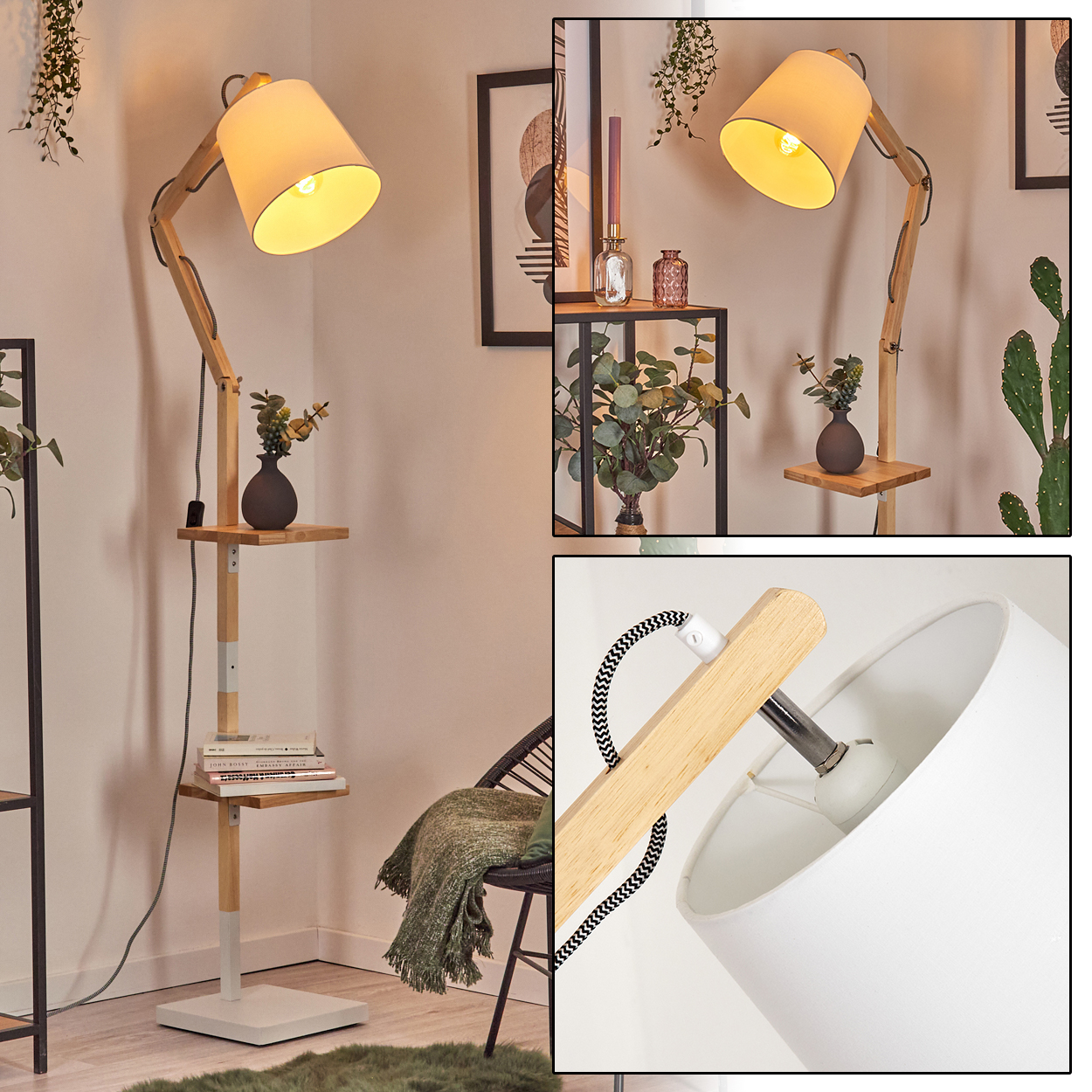 Eine hölzerne Stehlampe mit Regalen, einem weißen Lampenschirm und einer dekorativen Vase. Ein schwarzer Stuhl, eine grüne Decke und Bilder im Hintergrund.