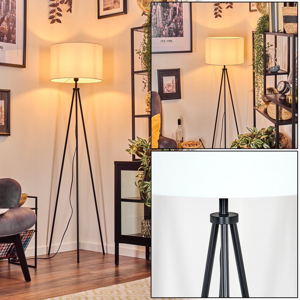 Ein modernes Wohnzimmer mit einer schwarzen Stativ-Stehlampe mit weißem Lampenschirm. Der Raum hat Dekor und Möbel.