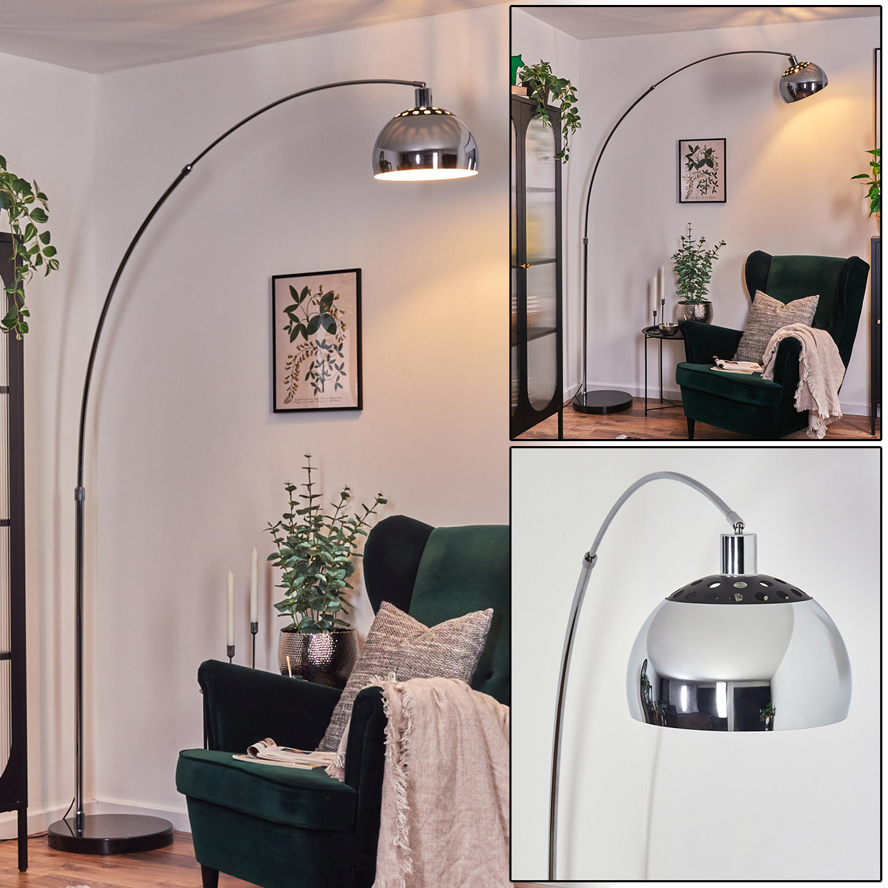 Ein modernes Wohnzimmer mit einer schwarzen Bogenlampe, einem grünen Sessel und einem botanischen Kunstdruck an der Wand.