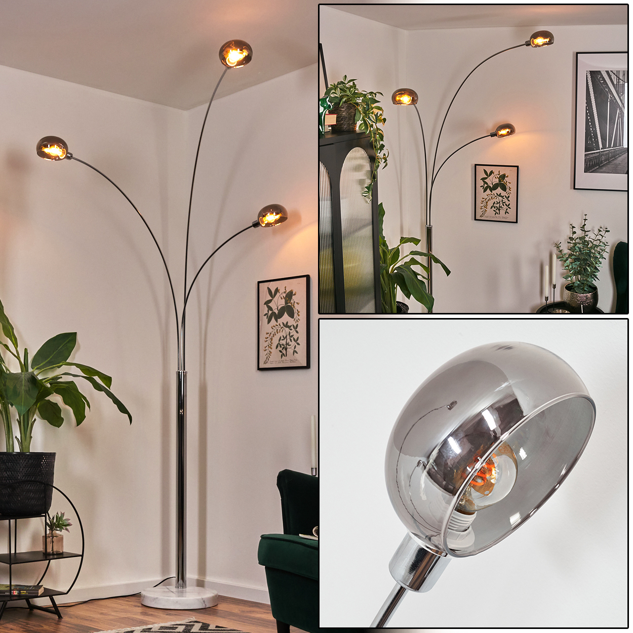 Eine moderne Stehlampe mit drei Lichtern. Die Lampe hat ein Chromgestell und -arme. Die Lampenschirme sind dunkel, die Glühbirnen leuchten.
