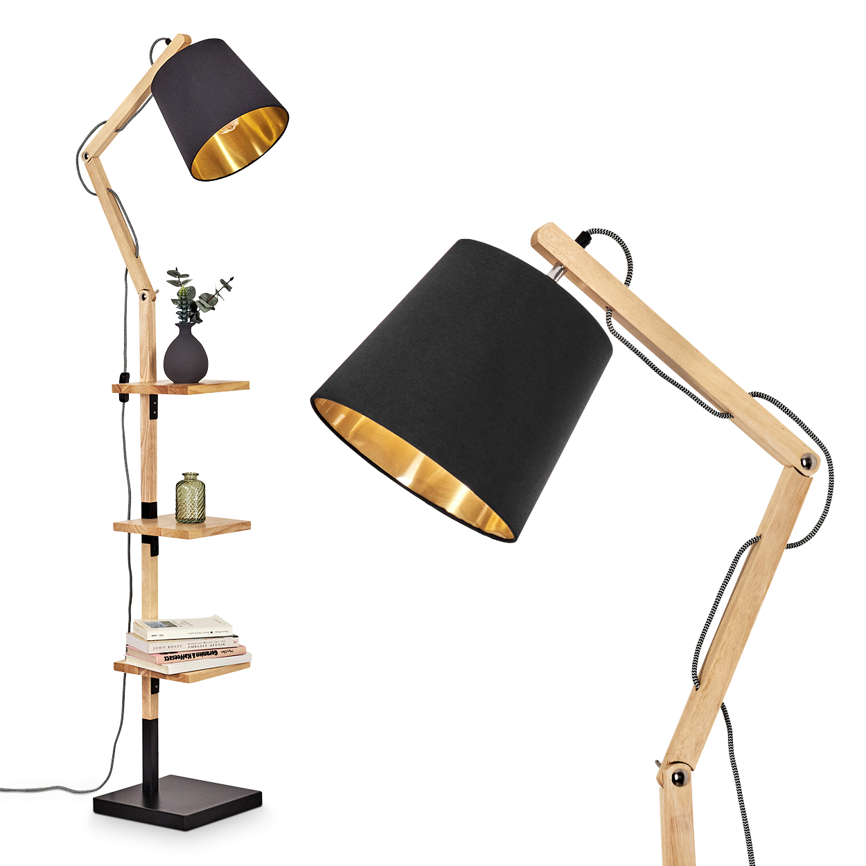 Eine hölzerne Stehlampe mit schwarzem Schirm und goldenem Innenraum. Regale halten Dekor und Bücher. Die Lampe steht auf einem quadratischen schwarzen Sockel.