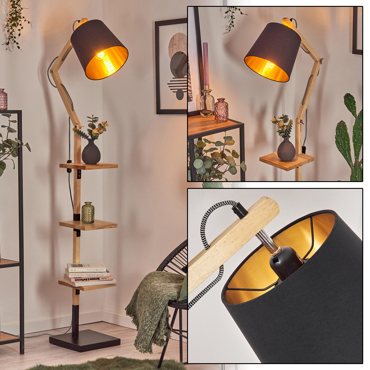 Holz-Stehlampe mit Regalen. Schwarzer Lampenschirm mit goldenem Innenraum. Bücher und Vasen auf den Regalen. Stuhl mit Decke.