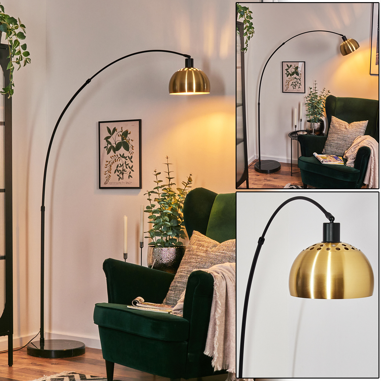 Ein modernes Wohnzimmer mit einer schwarzen Bogen-Stehlampe mit goldenem Lampenschirm, neben einem grünen Sessel.