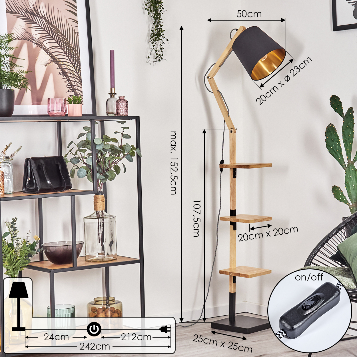 Eine moderne Stehlampe mit schwarzem Lampenschirm und Holzrahmen mit Regalen. Abmessungen sind im Bild angegeben.
